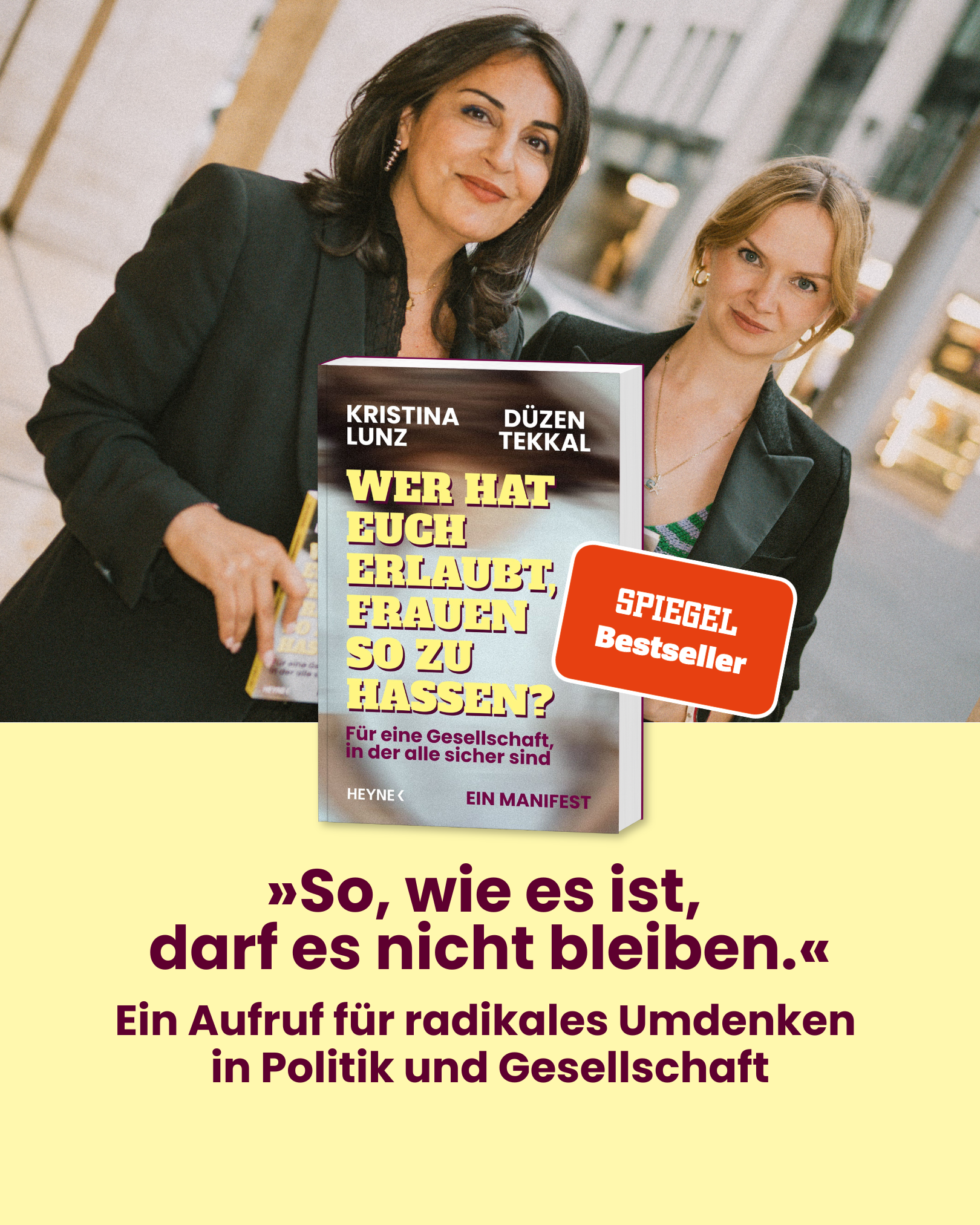 Kristina Lunz und Düzen Tekkal in schwarzen Blazern halten gemeinsam ihr Buch