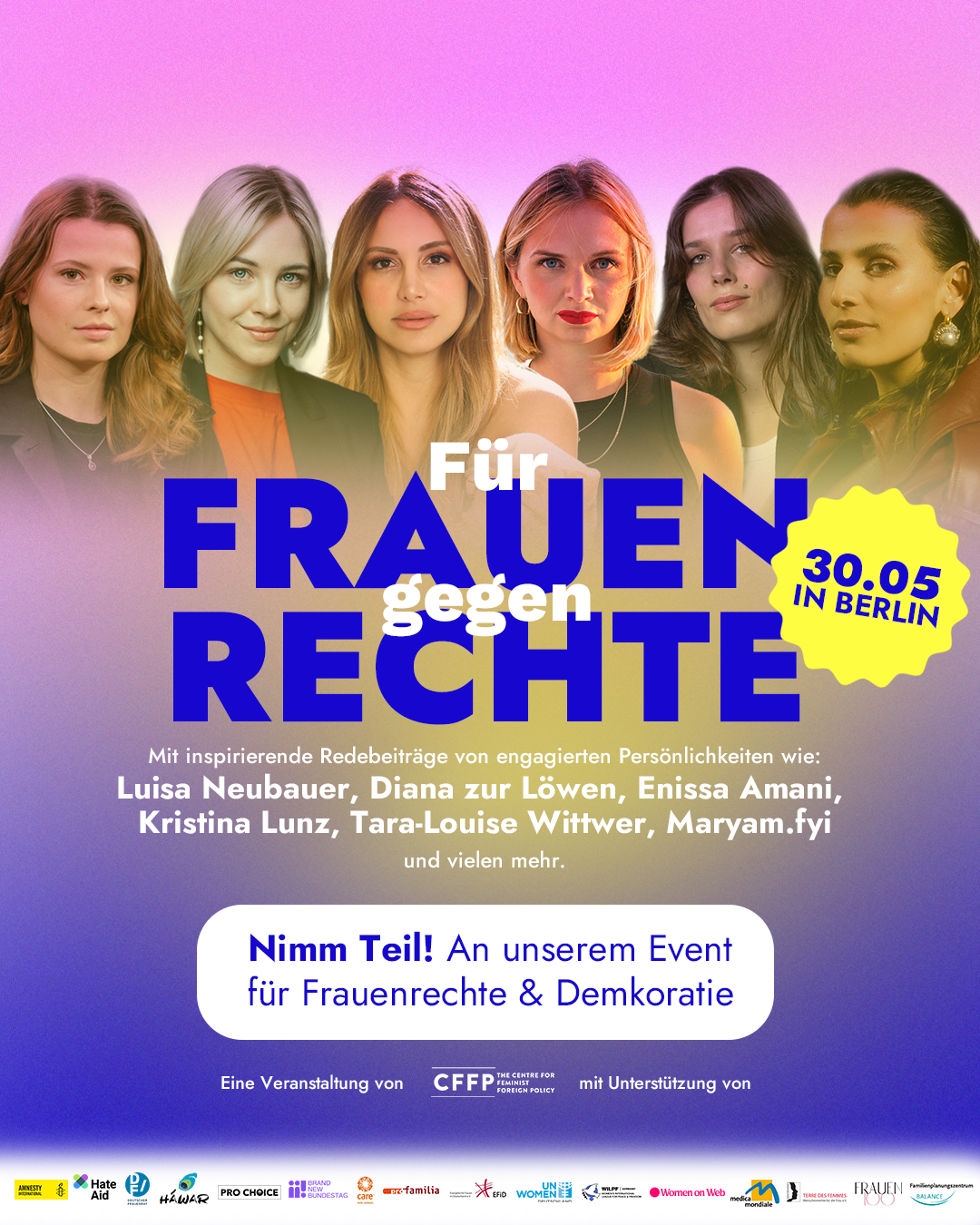 Pinke Eventgrafik mit mehreren Porträts: "Für Frauenrechte, 30.05 in Berlin - Nimm teil an unserem Event für Frauenrechte & Demokratie"