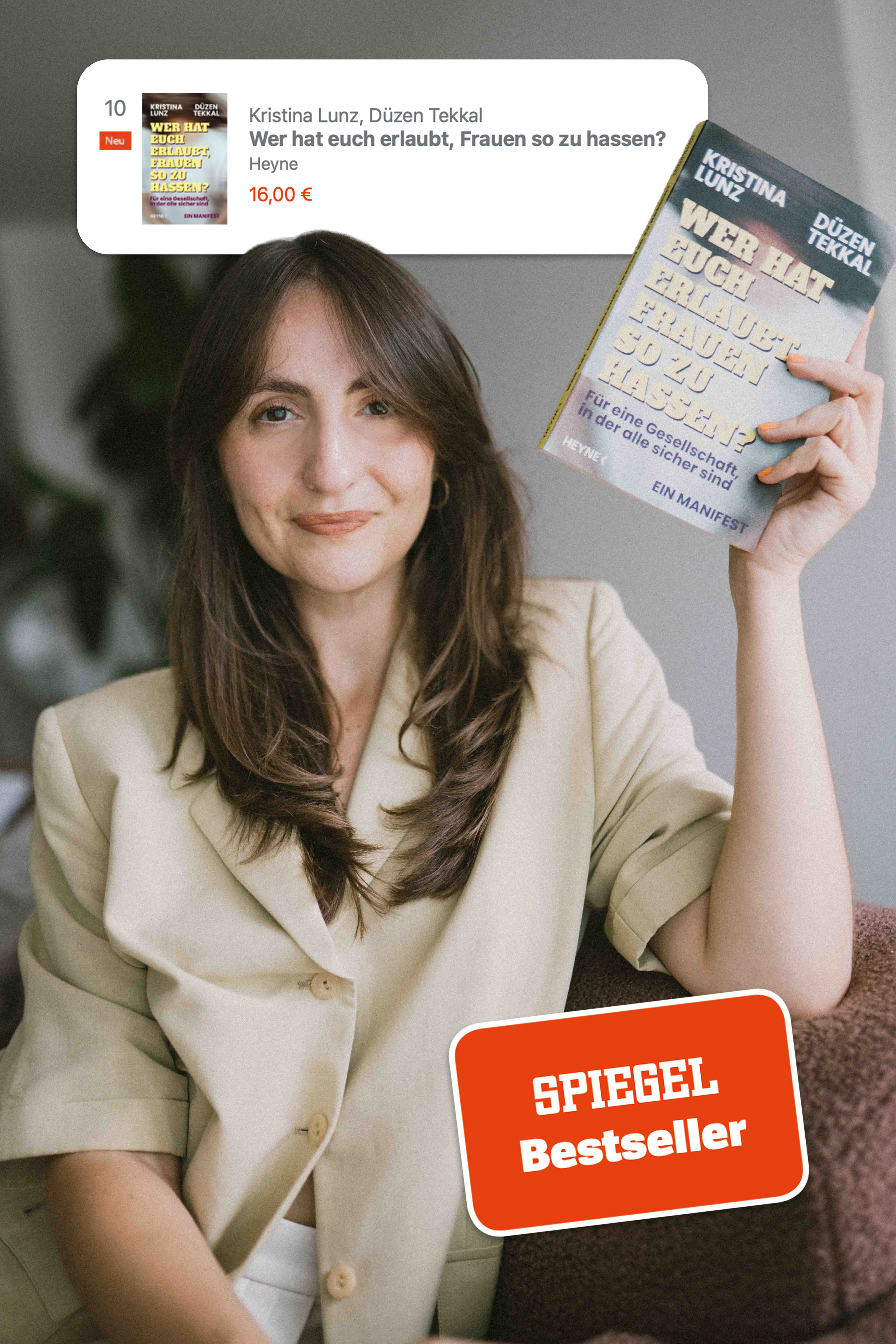 Kristina Lunz hält ihr Buch „Wer hat euch erlaubt, Frauen so zu hassen?“ in die Kamera, mit Instagram-Post-Mockup daneben