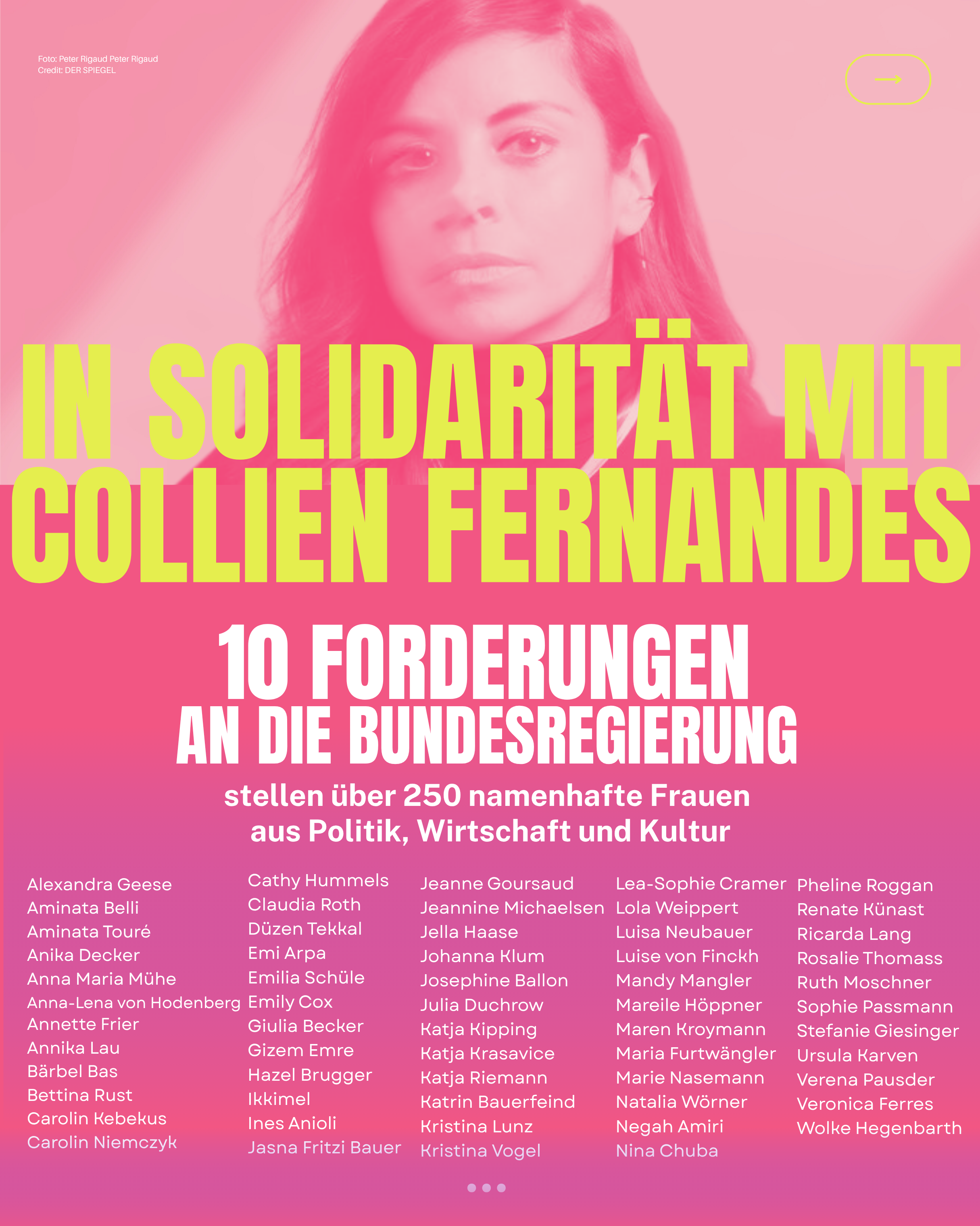 Pinke Kampagnengrafik mit Porträt: "In Solidarität mit Collien Fernandes – 10 Forderungen an die Bundesregierung, unterstützt von über 250 namenhaften Frauen aus Politik, Wirtschaft und Kultur"