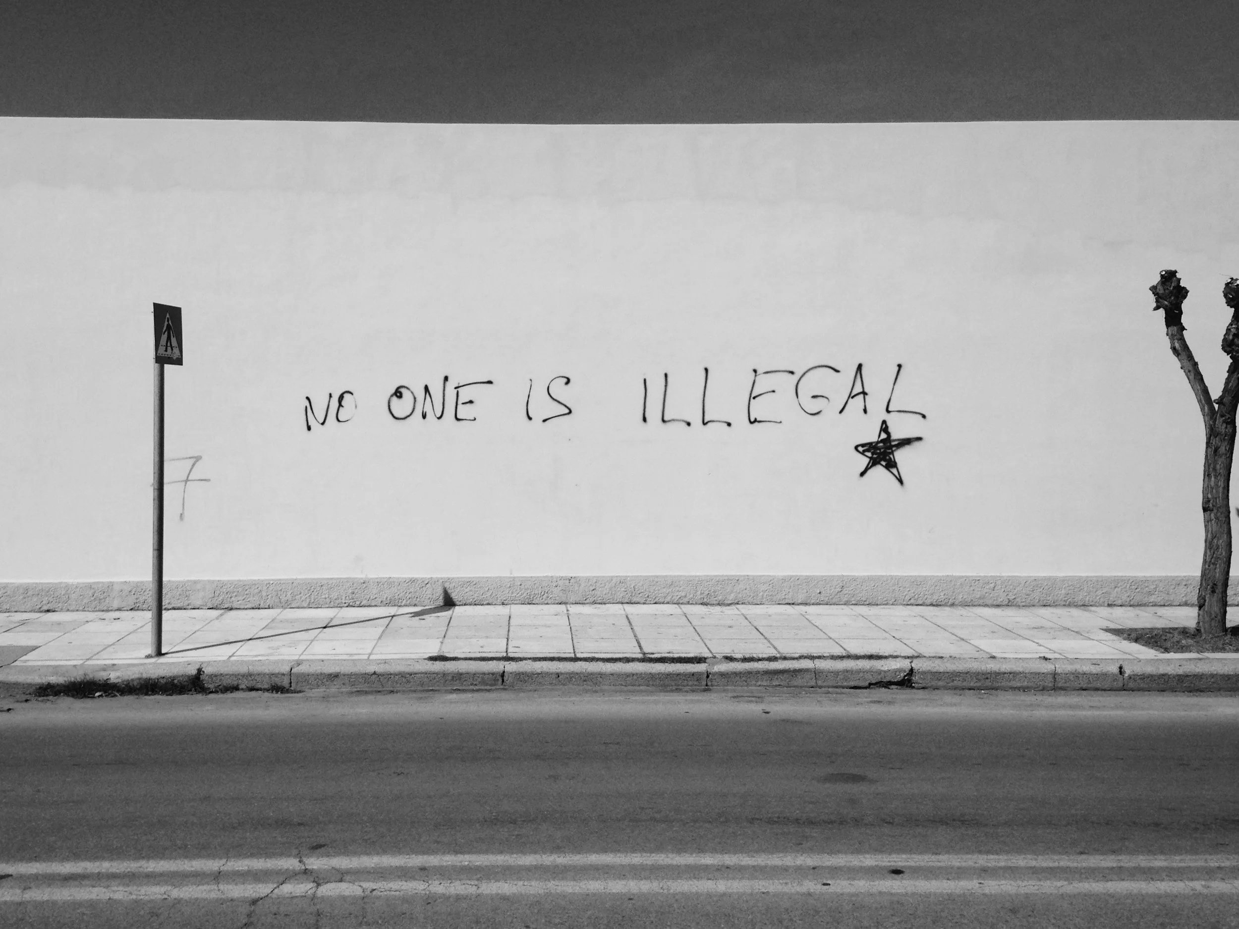A black and white photograph of a plain wall with graffiti that reads "No One is Illegal" and a star drawn below it. A small pedestrian crossing sign on a pole is near the wall, and there is a leafless tree to the right of the sign. The ground in front of the wall has a tiled sidewalk and a road.