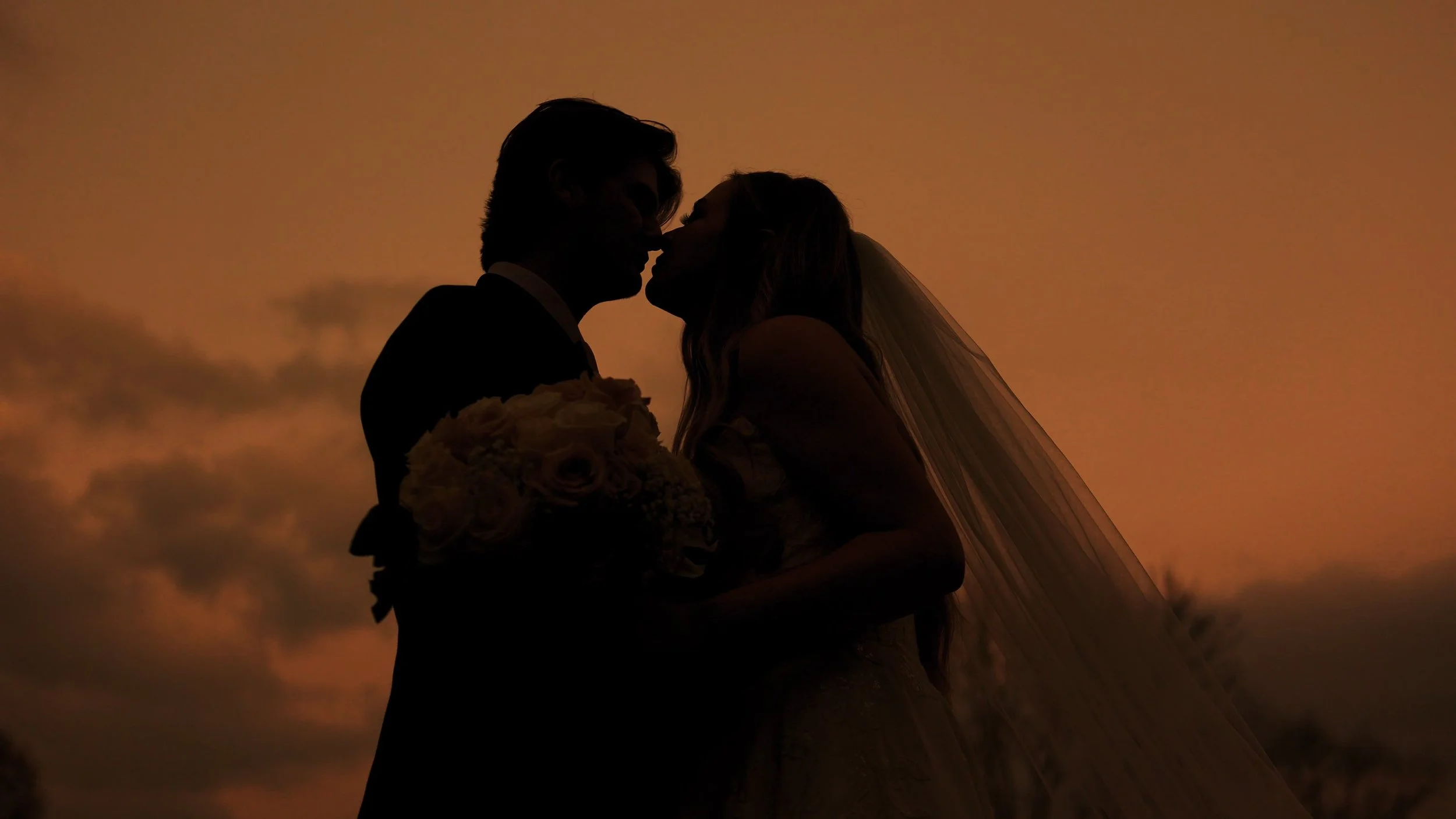 A silouhette of a bride and groom about to kiss in front of a sunset background.
