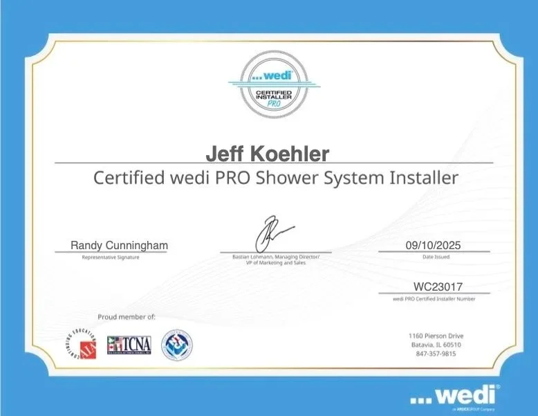 Certification diploma for Jeff Koehler as Certified wedi PRO Shower System Installer, issued on 09/10/2025, signed by Randy Cunningham, with logos and company address at the bottom.