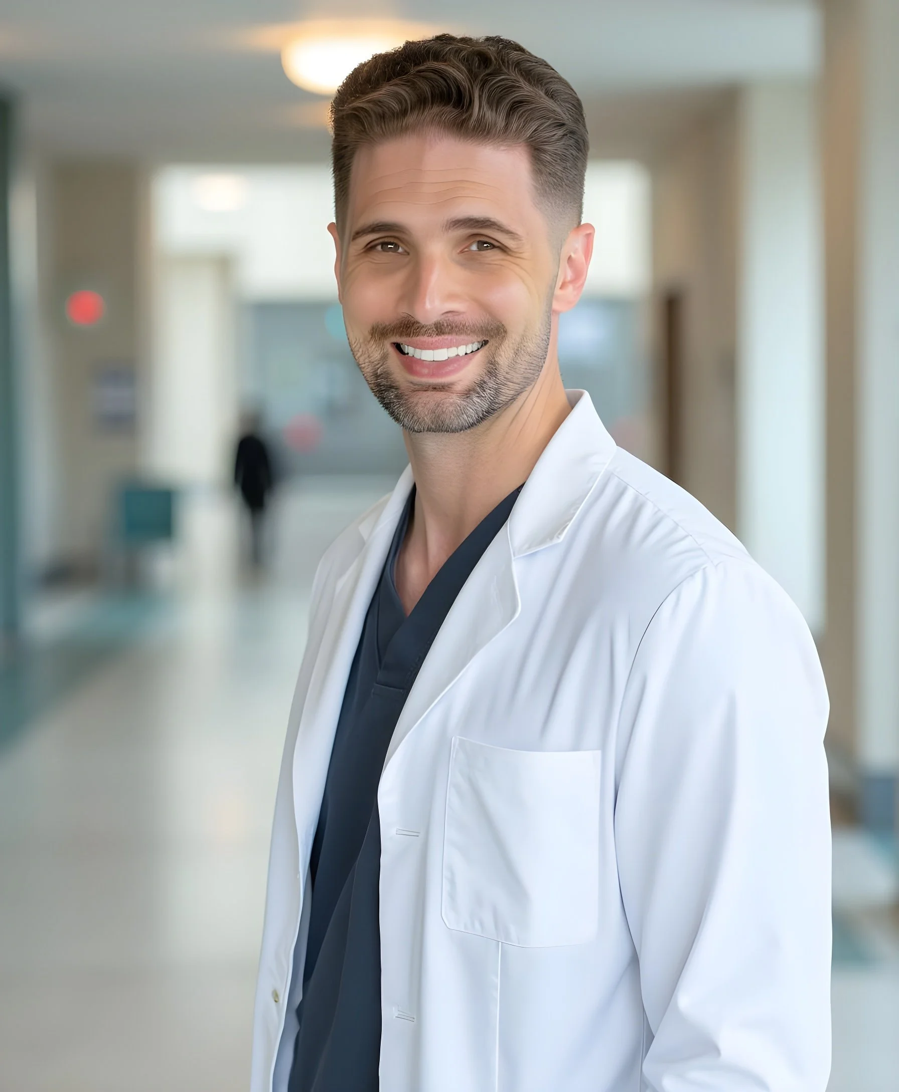 A smiling male doctor in a white coat standing in a hospital hallway.