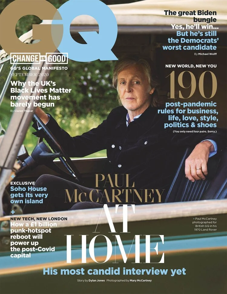 Magazine cover featuring Paul McCartney sitting in a car with his arm on the door, text headlines about politics, music, and current events, published by Q magazine.