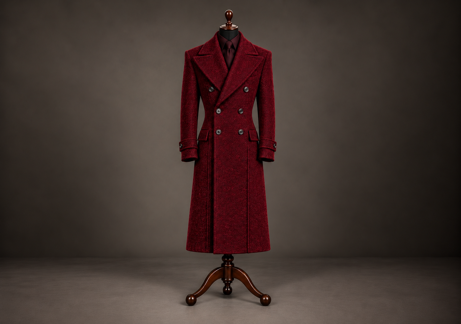 Burgundy Jacquard Overcoat on Wooden Mannequin.png