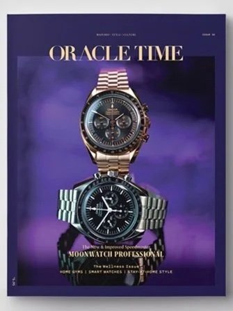 Magazine cover titled 'Oracle Time' featuring two luxury watches, one gold and one silver, against a purple background.