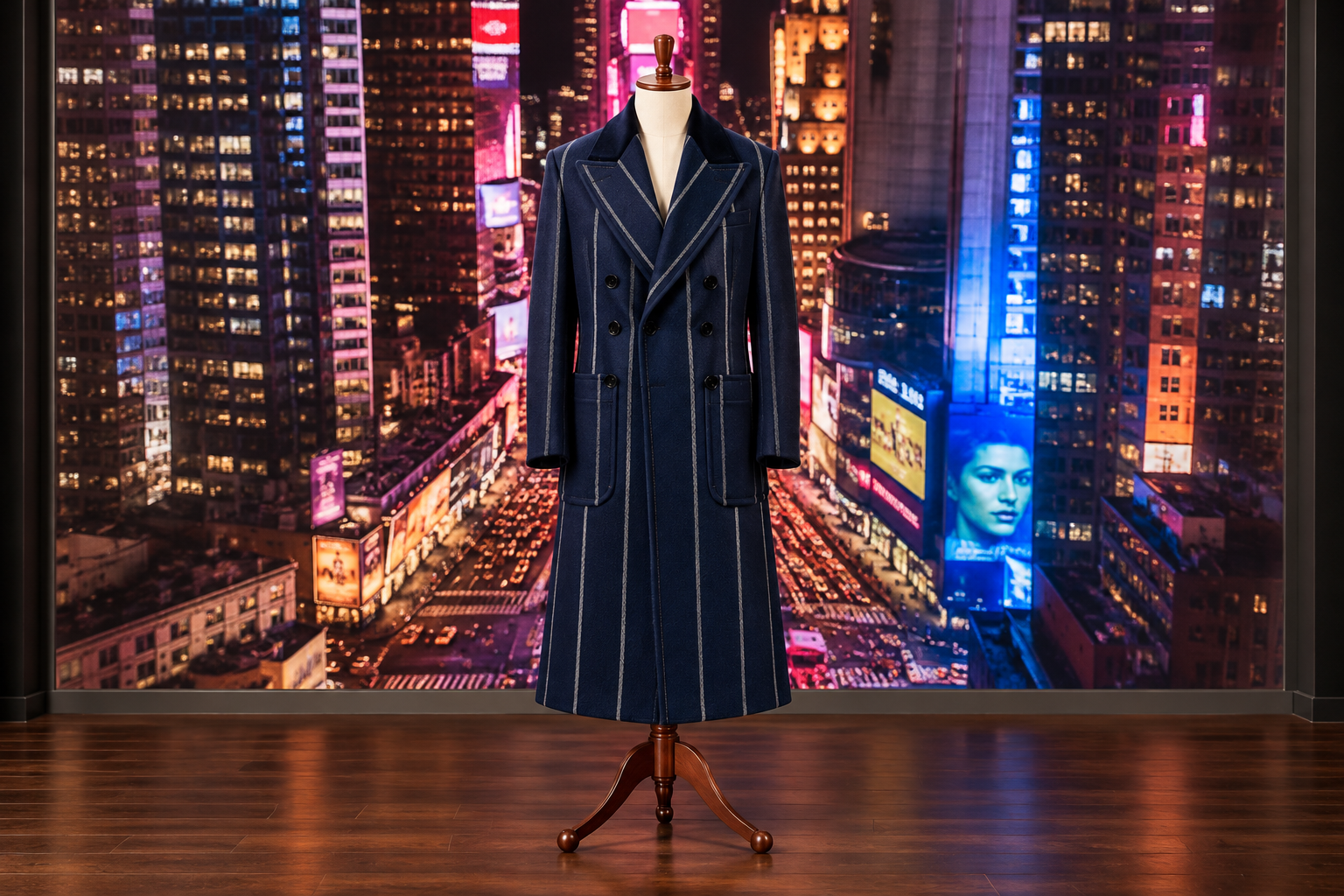 Navy pinstripe coat beneath city lights.png