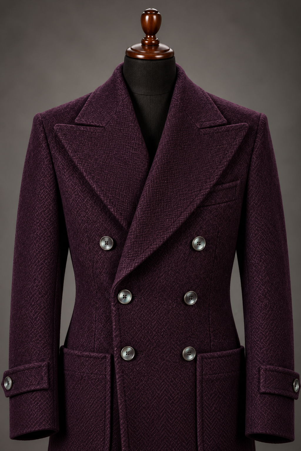 Luxury Plum Herringbone Double-Breasted Coat.png