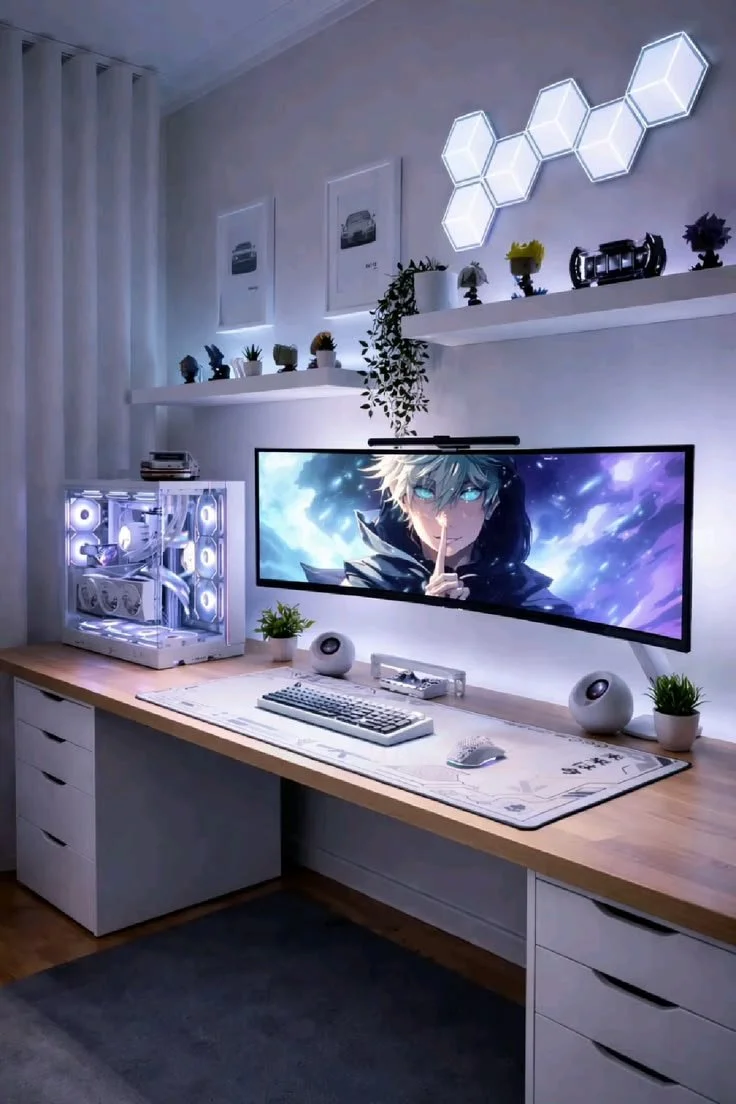 Setup de computador gamer com monitor curvo exibindo uma personagem de anime, gabinete com luzes LED brancas, teclado, mouse, duas caixas de som, vasos de plantas, prateleira com itens decorativos, e iluminação decorativa de hexágonos na parede.