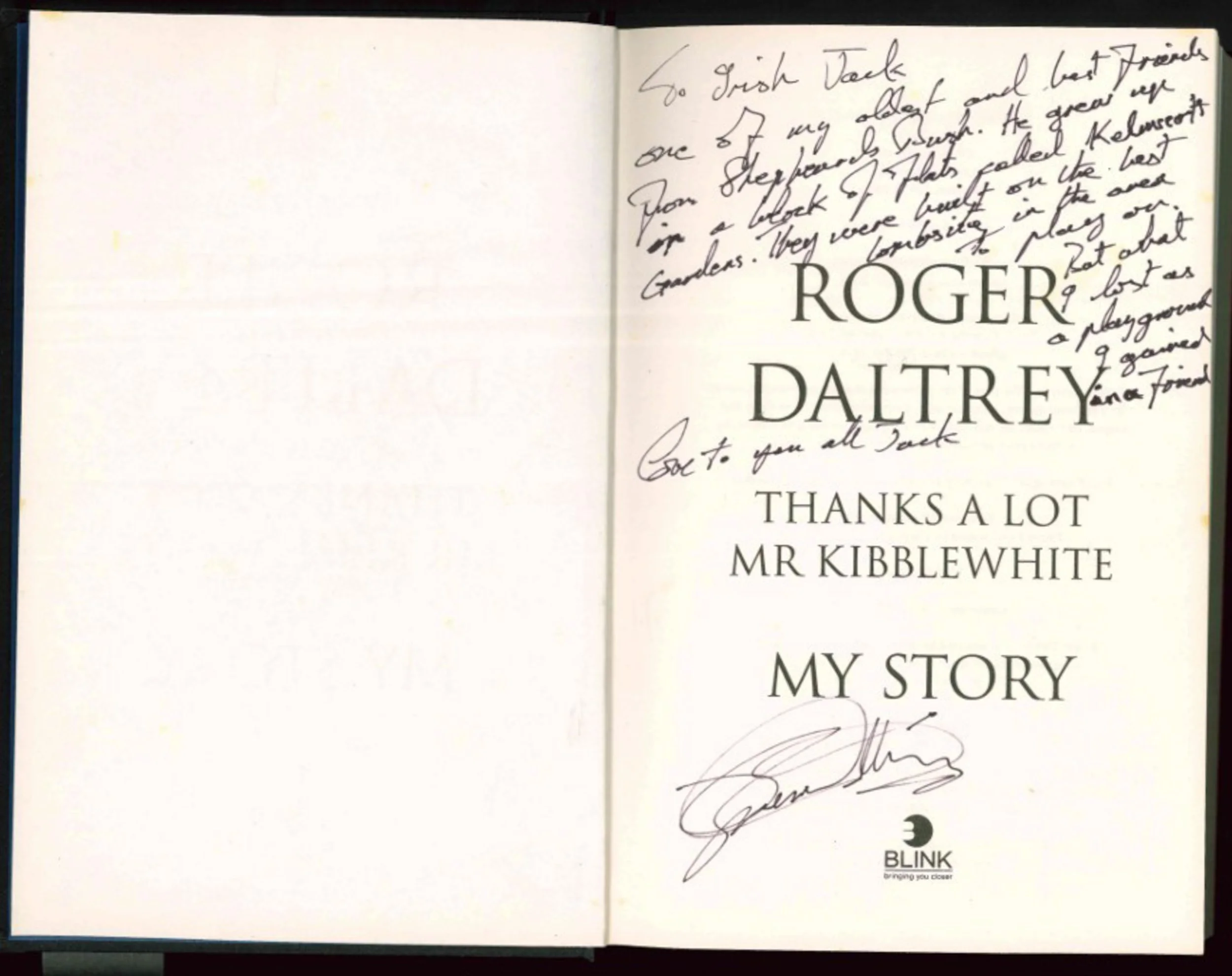 Book autographed message from Roger Daltrey to Irish Jack.
