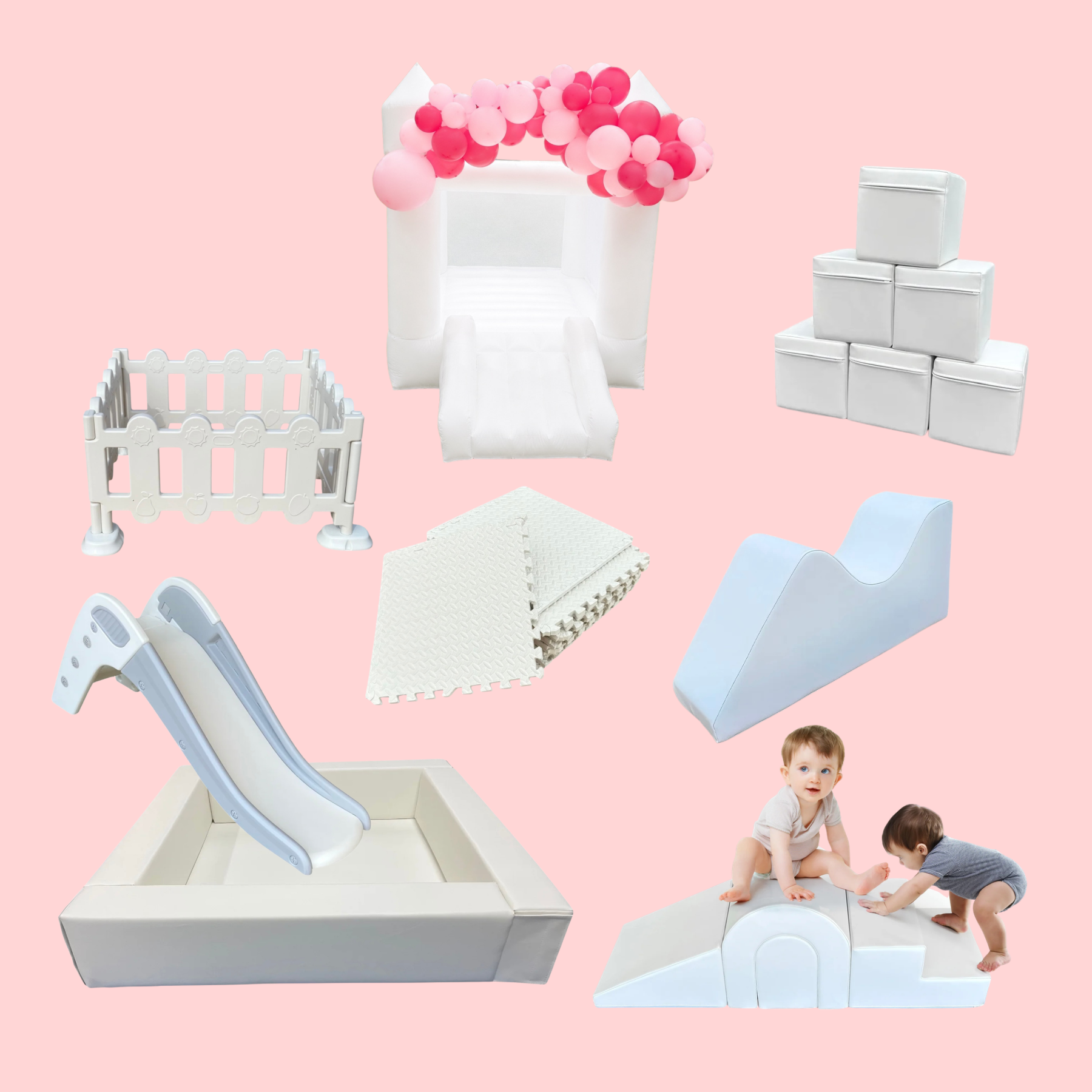 Collection of children's toys including a white playhouse with pink and red balloons on top, foam puzzle mats, a white slide, white storage cubes, a white playpen, a small white step stool, a white rocker, and two toddlers playing on a pink background.