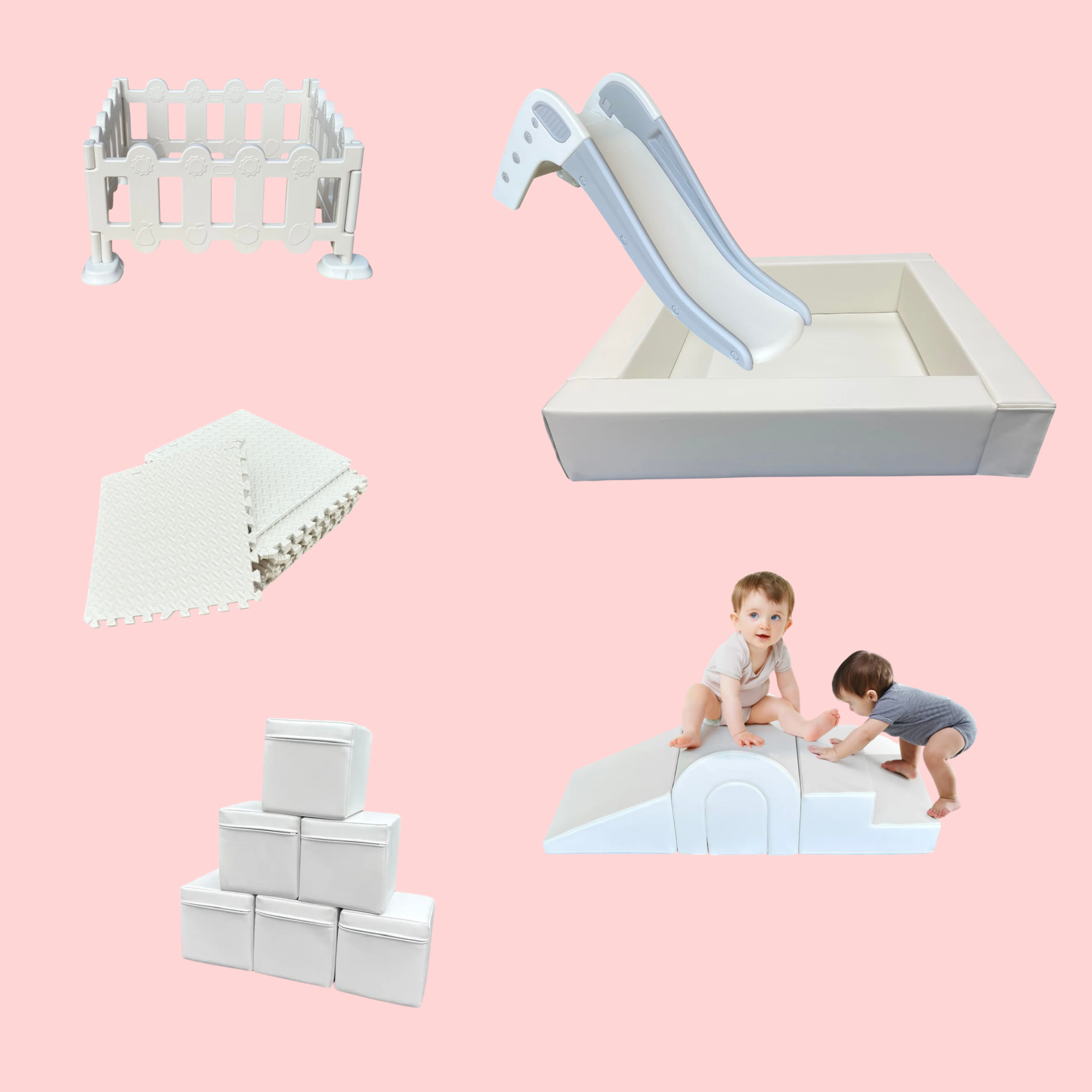 Two young children playing on a white toy car. Various white soft foam block pieces and a plastic fence are scattered around on a pink background.