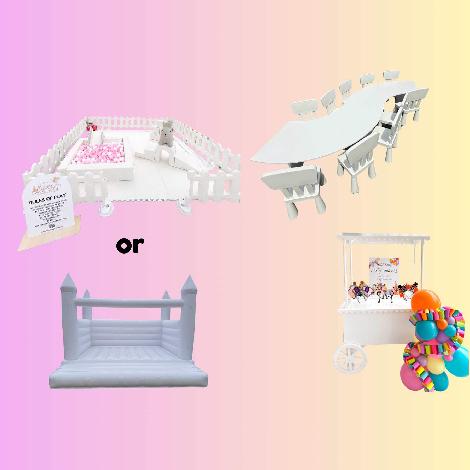 Collection of party decoration items including a small fenced ball pit with pink balls and plush toys, a white decorative piece with a bunny figure, a white table with chairs, and a party cart with colorful balloons and a "party animals" sign on a pastel background.