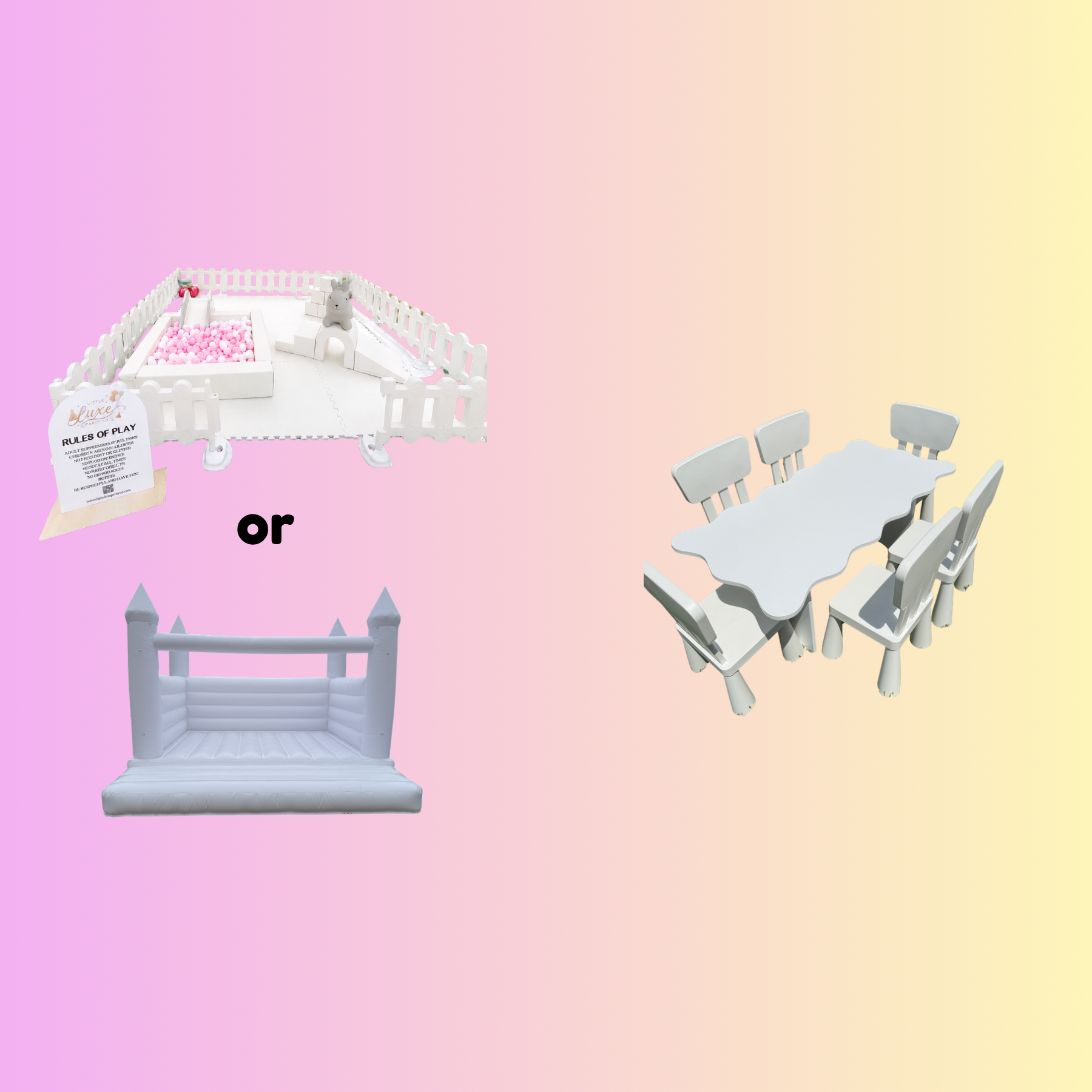 A children's play area with a small white fenced enclosure containing a ball pit filled with pink and white balls, a bunny-shaped ride, and a slide. Adjacent to it is a white table with six matching chairs set against a pastel pink and yellow gradient background.