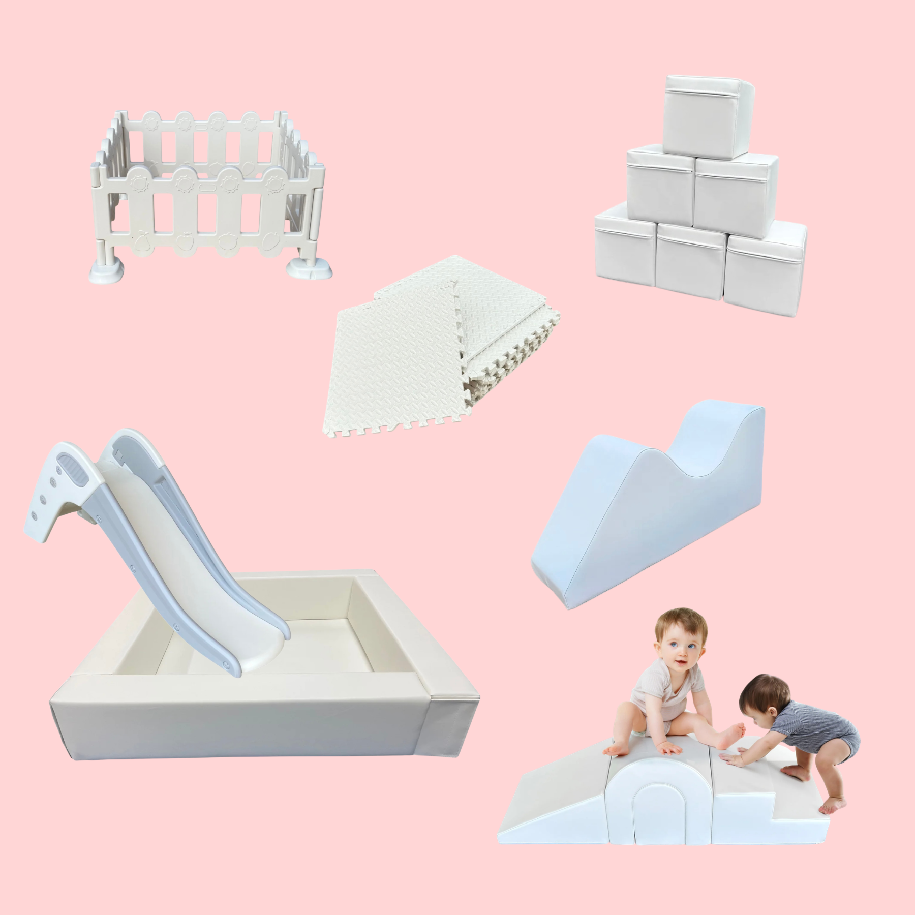 Collection of white baby furniture including a crib, a folding high chair, a foam play mat, stacked storage cubes, a foam wedge, and two babies playing on a foam climber against a pink background.
