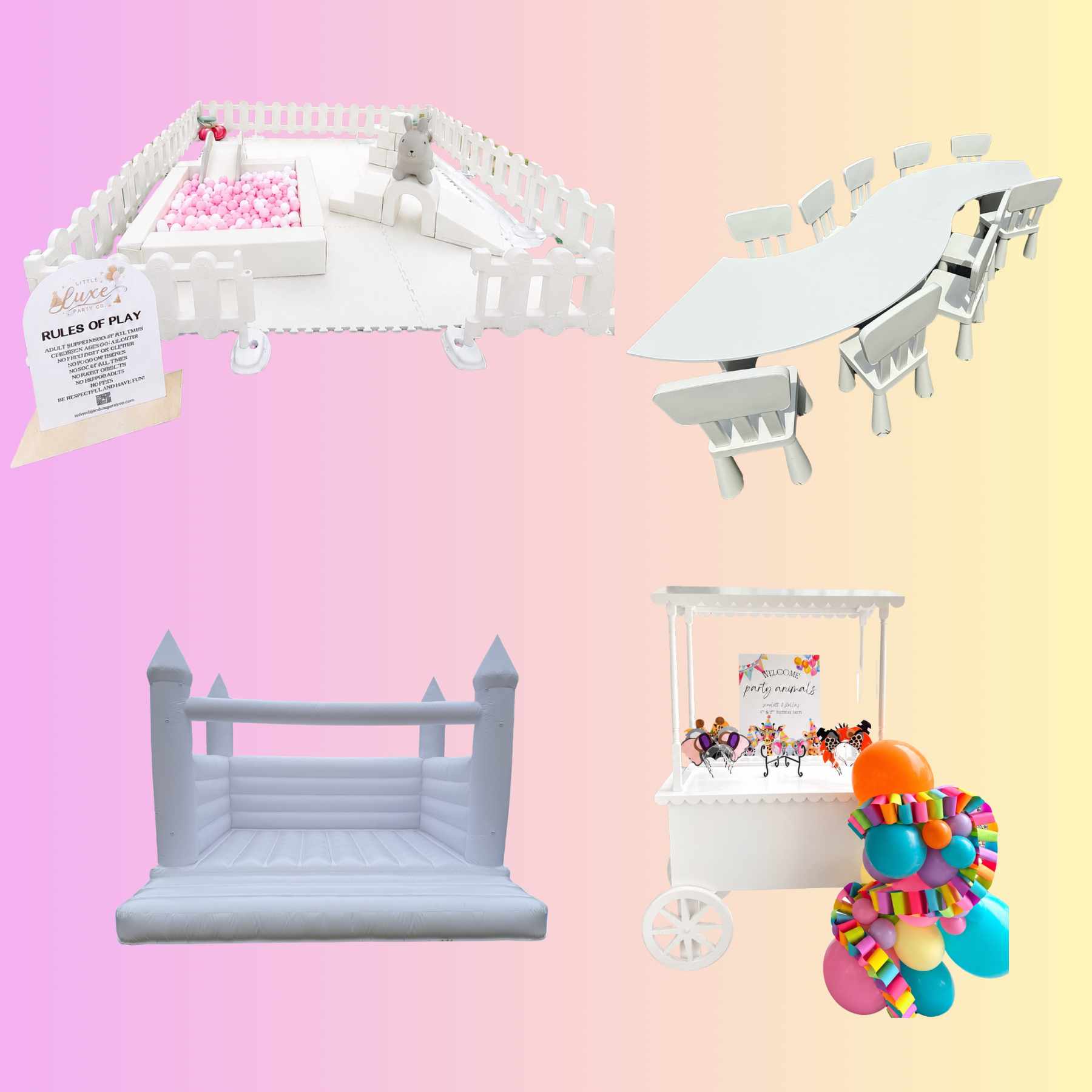 Decorative party scene with a pink, orange, purple, and yellow background. Contains a white playpen with a 'Rules of Play' sign, a white party cart with colorful animal masks, balloons, and balloons sculpture, and a cluster of multicolored balloons on the ground.