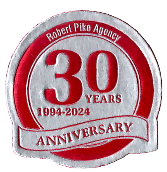 A circular badge celebrating 30 years of Robert Pike Agency from 1994 to 2024, with red and gray colors and a ribbon banner reading 'Anniversary'.