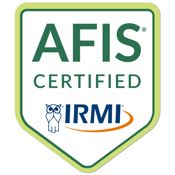 A badge featuring the text 'AFS CERTIFIED' and the IRMI logo with an owl icon.
