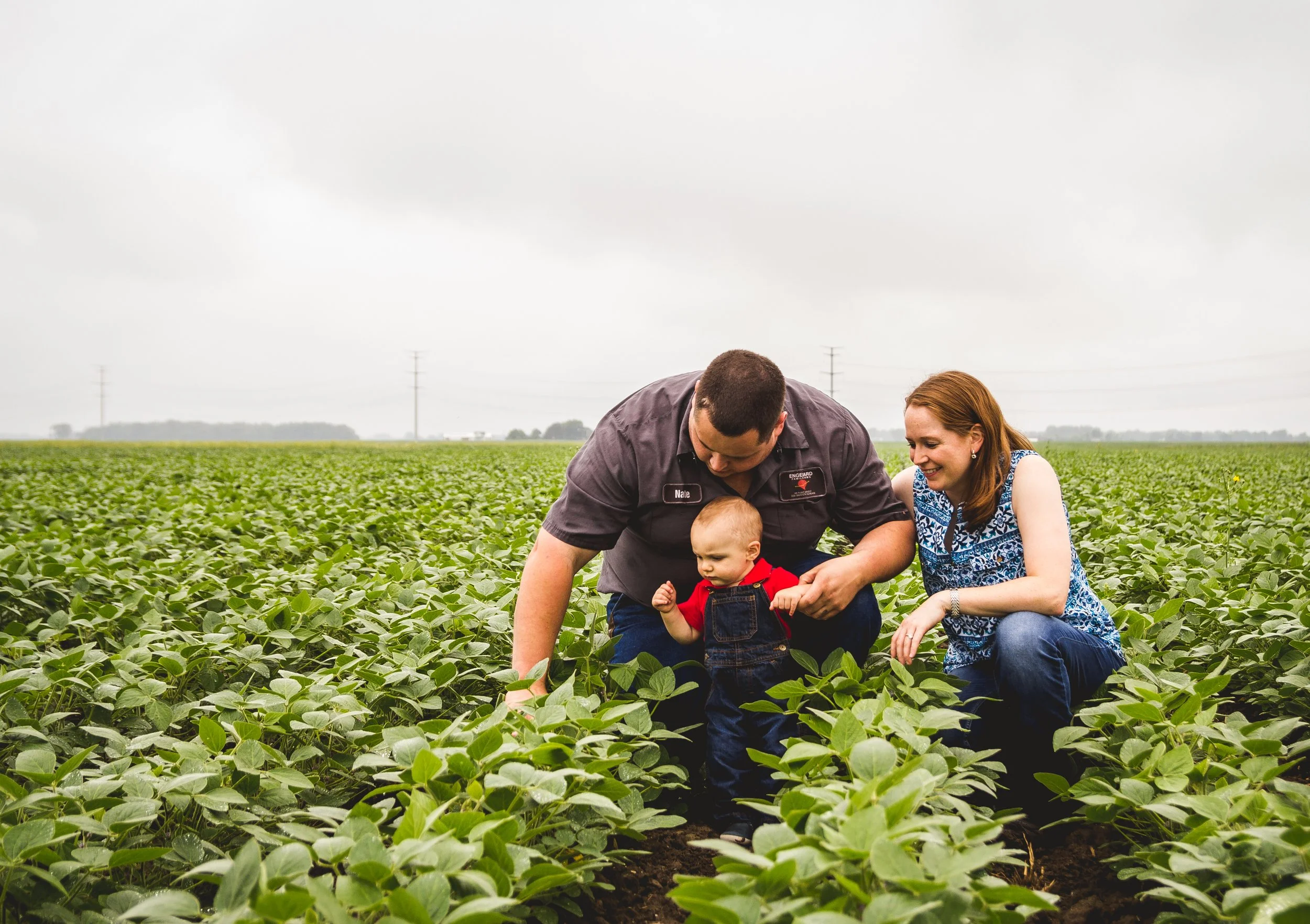 A family of three, including a man, woman, and young child, crouching and examining plants in a lush green field under an overcast sky.