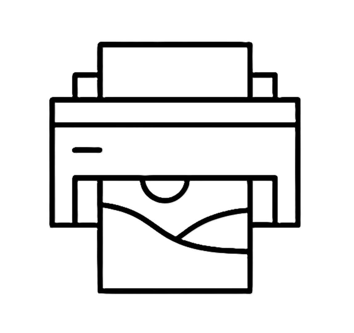 Outline of a printing or copying machine with paper being fed into it, depicted in a minimalistic line drawing style.
