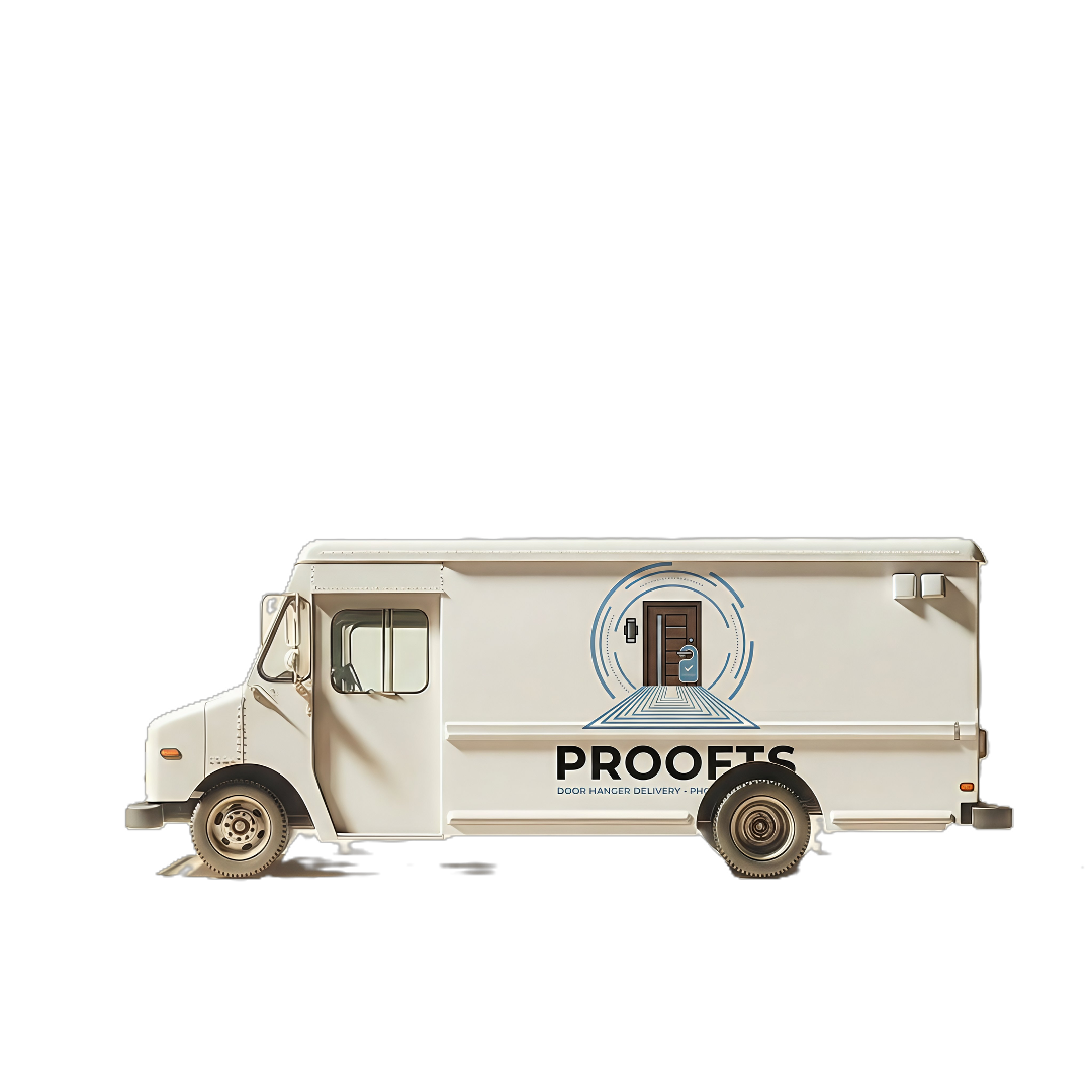 White delivery truck with logo of a door and text 'PROOFTS' on the side, promotional graphics for door hanger delivery service, set against a black background.