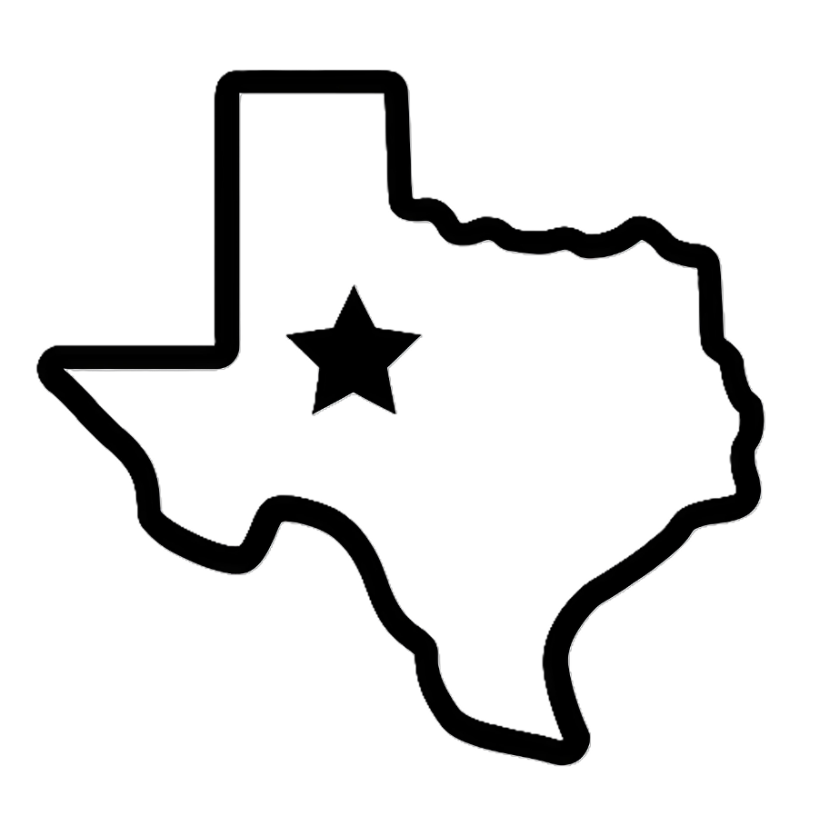 Outline of the state of Texas with a star in the middle.