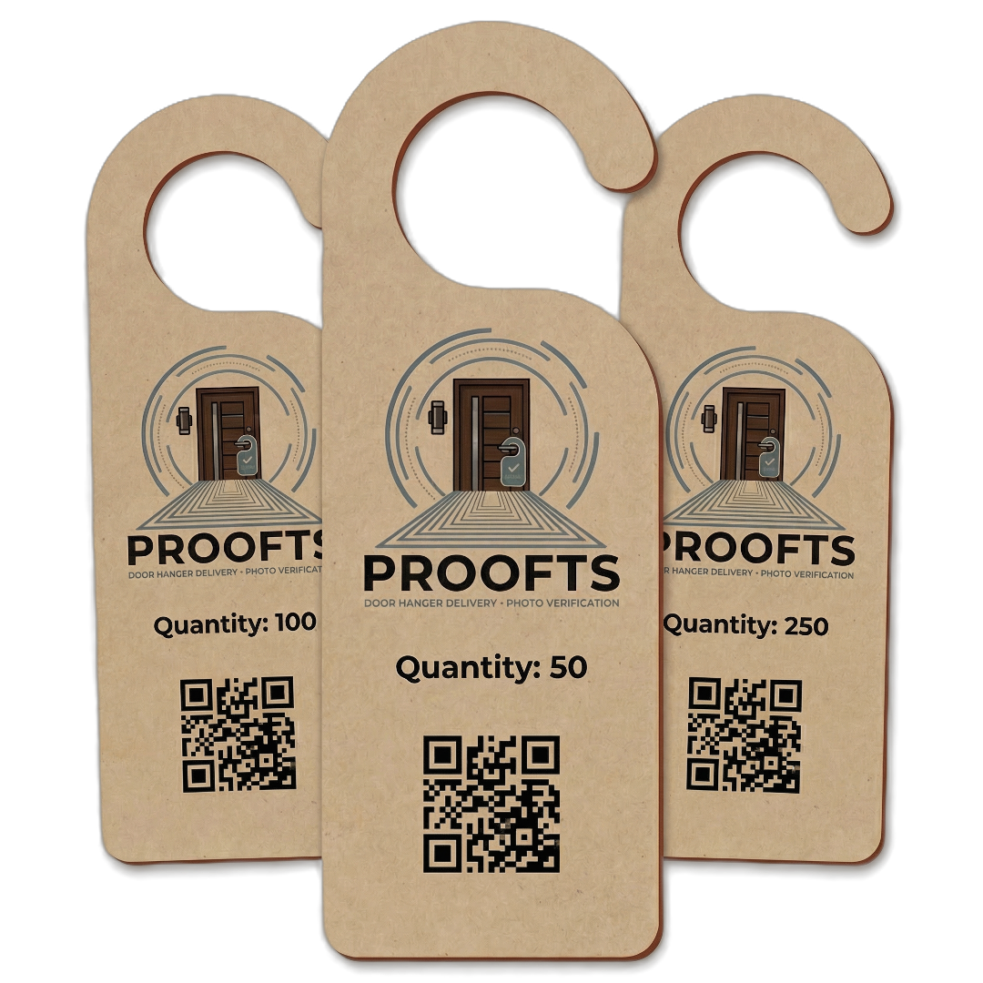 Three proof tags with door imagery, the word PROOFS, and QR codes, each indicating different quantities: 100, 50, and 250.