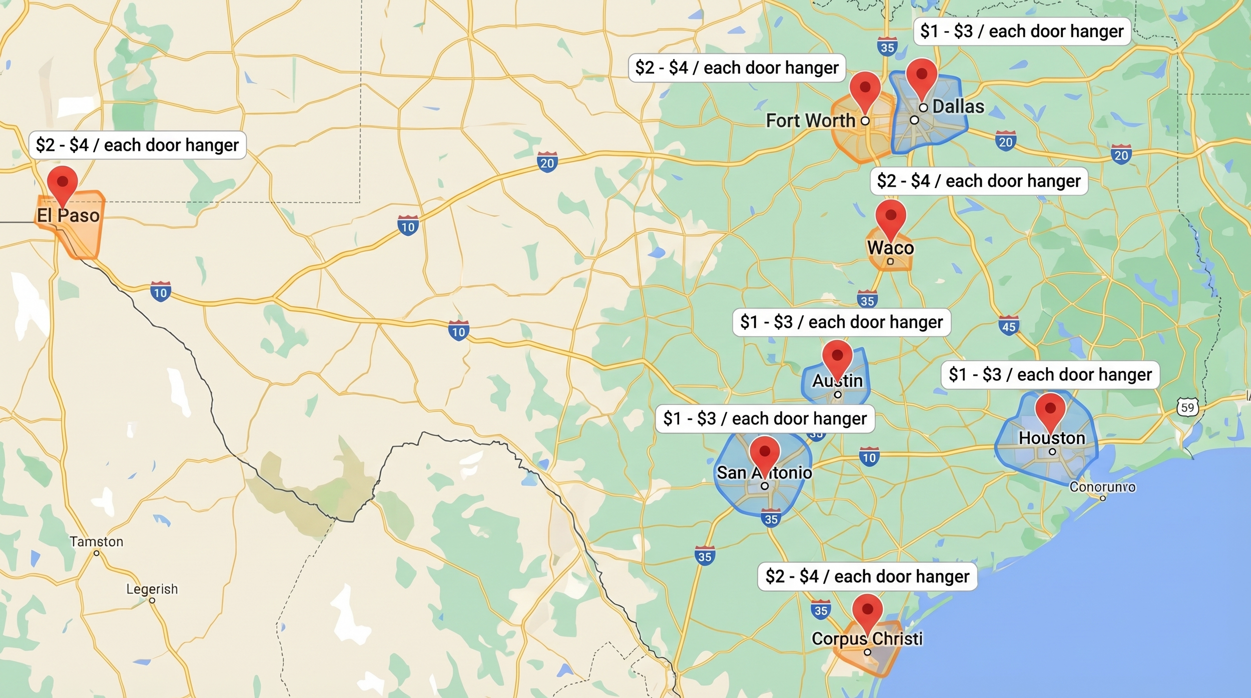 Map of Texas showing door hanger pricing at various cities including Dallas, Fort Worth, Waco, Austin, San Antonio, Houston, Corpus Christi, and El Paso, with price ranges listed for each location.
