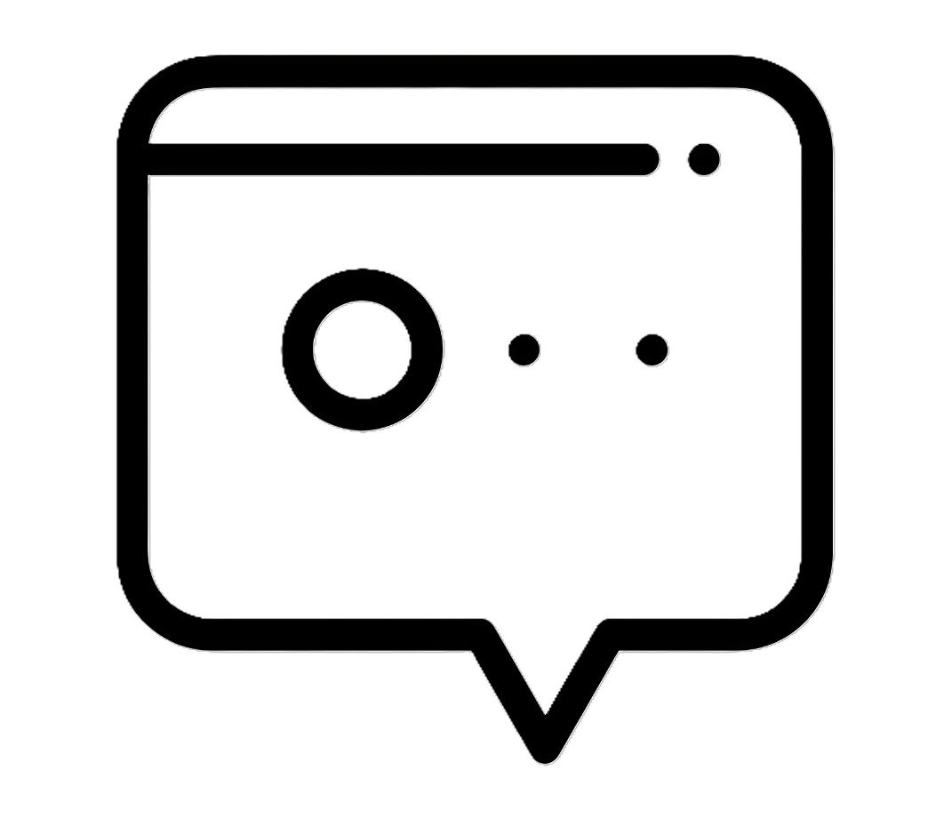 Minimalist line drawing of a smartphone with a camera module and three circular elements, inside a chat bubble outline.