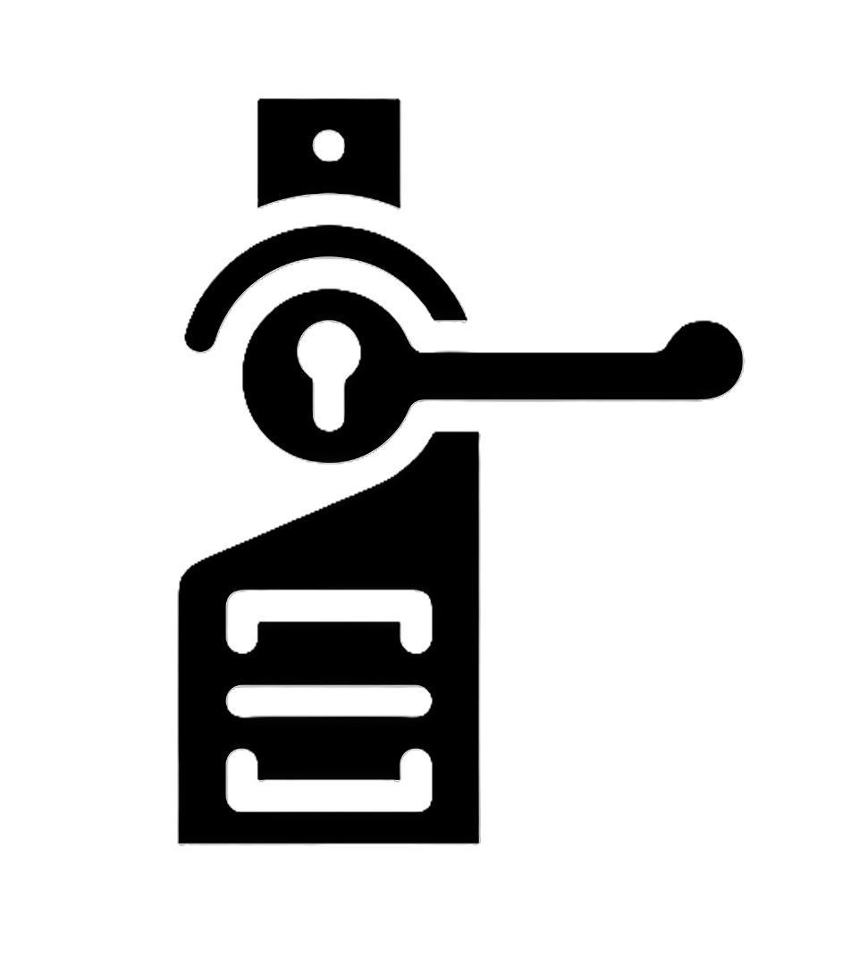 A black and white line drawing of a door lock and handle with a keyhole, a door with a window and door handle, and a set of six horizontal lines inside the door, indicating a lock mechanism or combination.