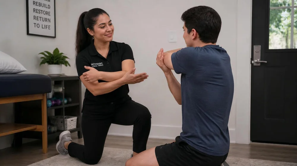 Physical therapist guiding an in-home recovery stretch