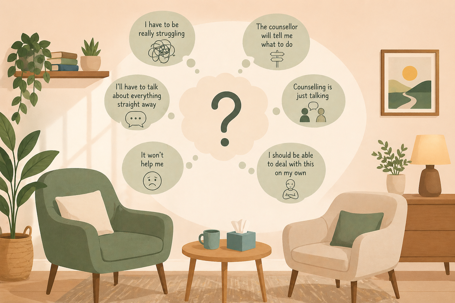 Illustration of a calm counselling space with thought bubbles representing common concerns about therapy