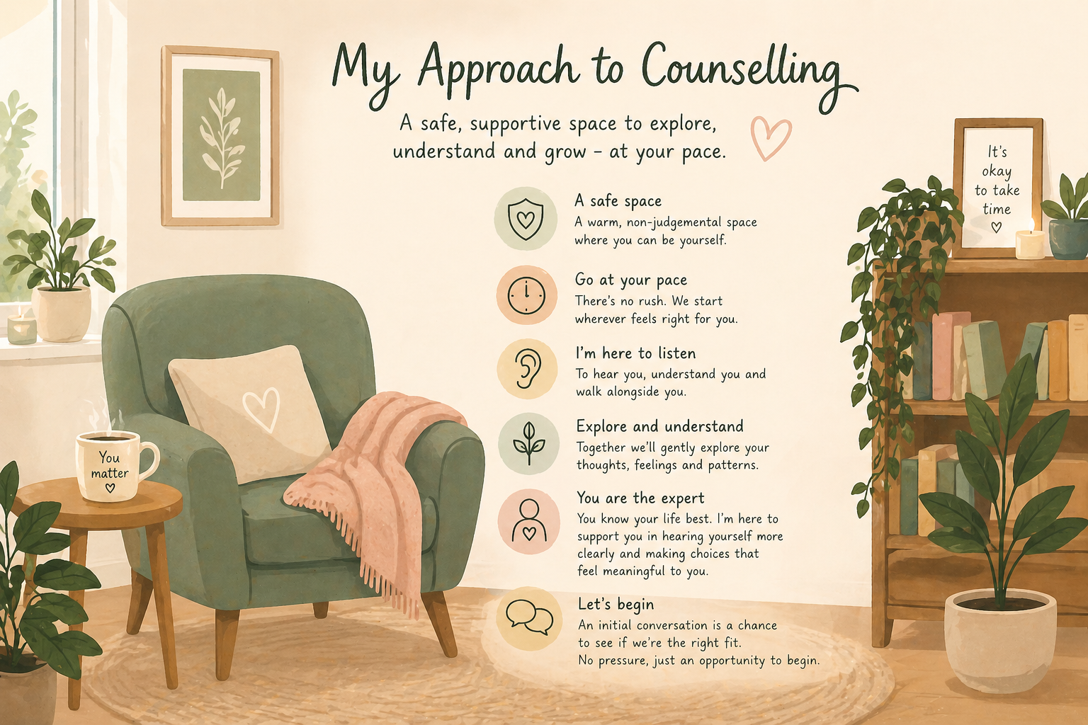 Illustration of a warm and welcoming counselling space representing a calm, supportive therapeutic approach