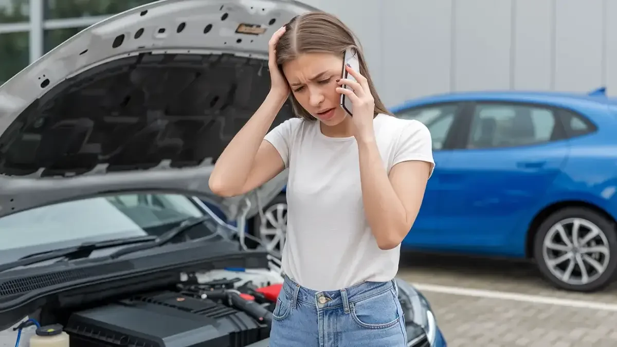 Una donna preoccupata parla al telefono davanti a un'auto con il cofano aperto, in un parcheggio.