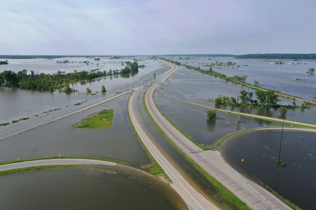 This photo, posted by the Council Bluffs (Iowa) Police Department in June 2019, shows Missouri River floodwaters looking north from the Interstate 29 interchange with I-680 north of Council Bluffs.Council Bluffs (Iowa) Police Department