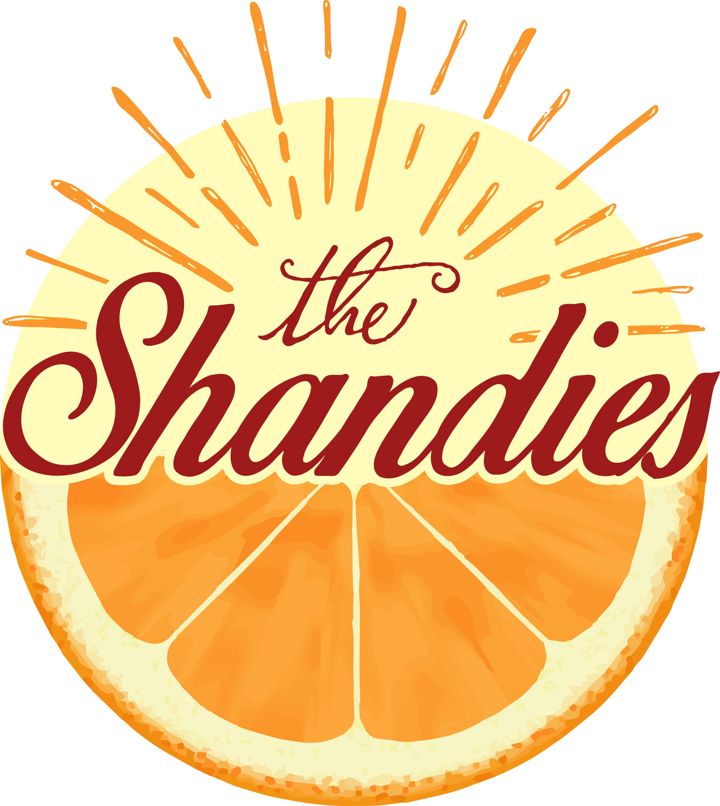 A citrus orange slice with the words "the Shandles" written over it and a stylized sunburst in the background.