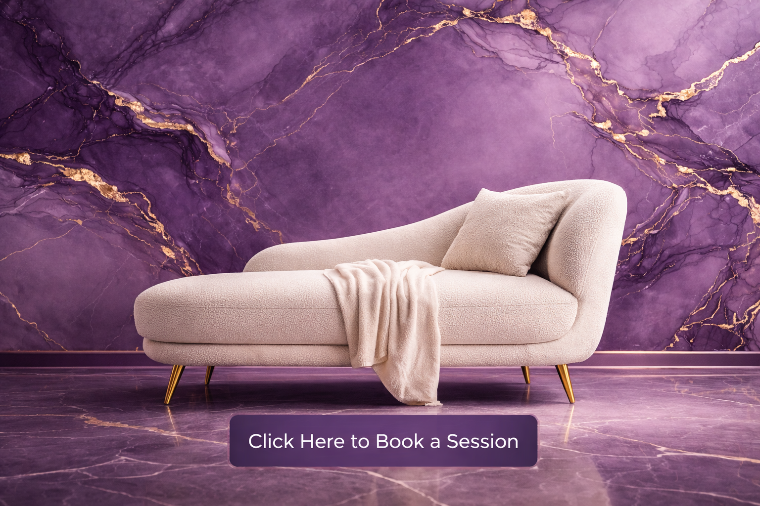 A cream-colored chaise lounge with a cushion and a draped blanket on it, set against a purple marble-patterned wall and floor, with a purple button below that says 'Click Here to Book a Session'.