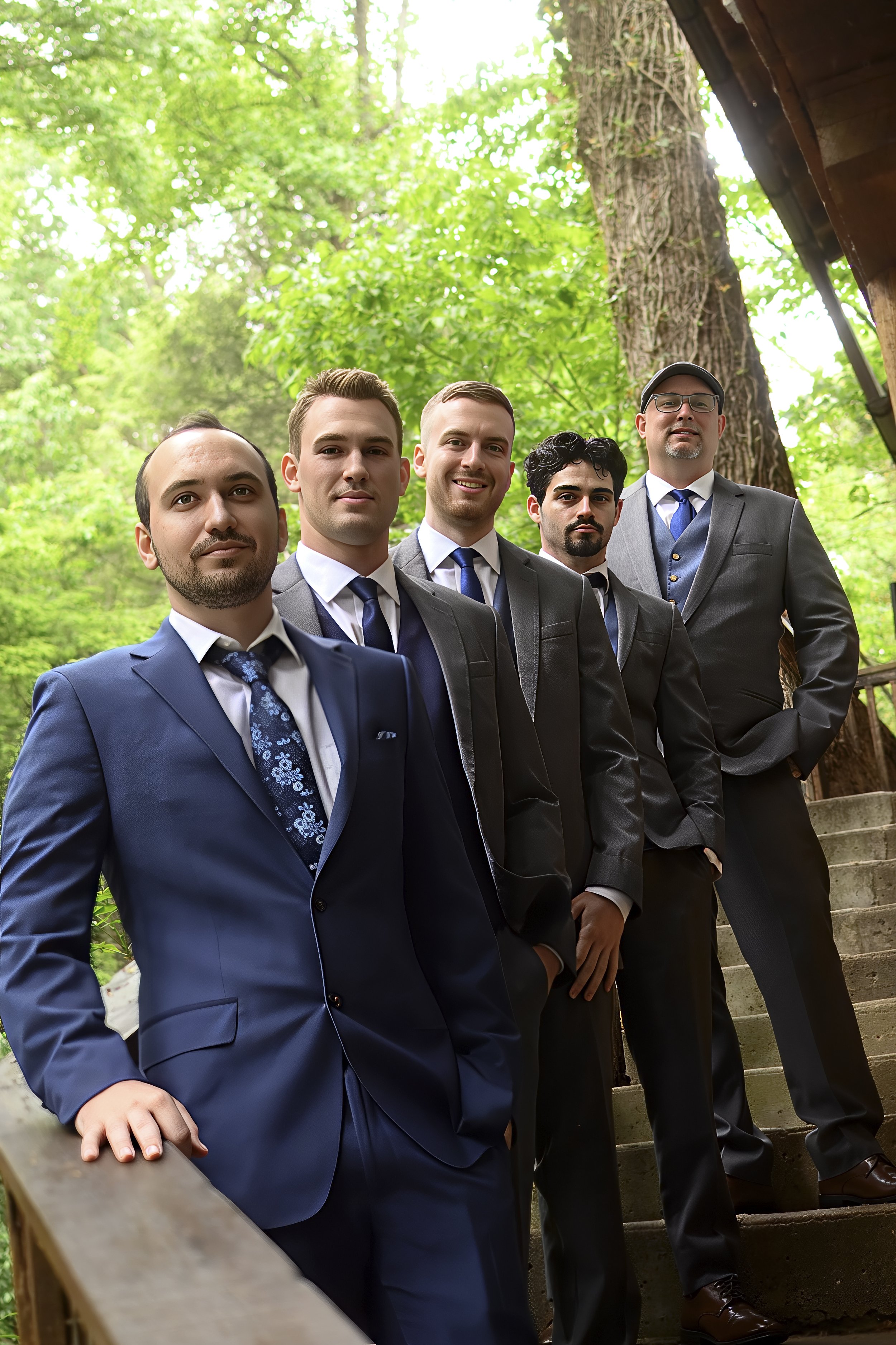 Five men dressed in formal suits and ties standing on outdoor stairs, with green trees in the background.