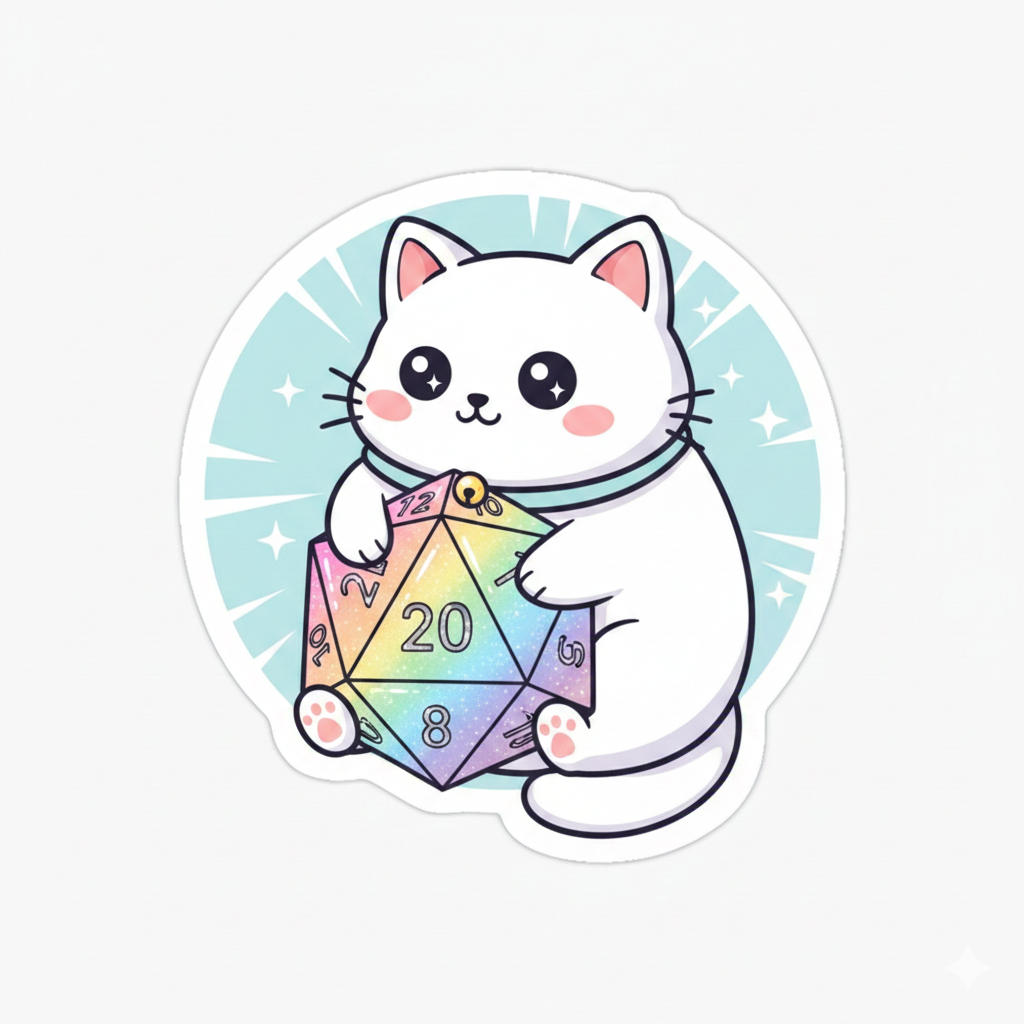 Cute cartoon white cat with pink cheeks and big black eyes holding a colorful 20-sided die.