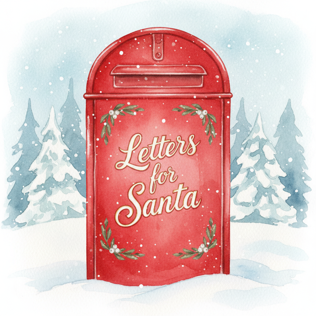 A red mailbox with the words "Letters for Santa" written on it, decorated with holiday greenery, set against a snowy winter background with pine trees.