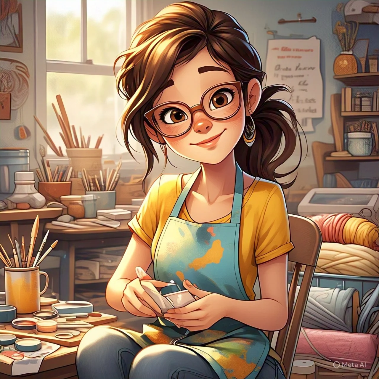 A young woman with glasses, brown hair, and a cheerful expression, sitting in an art studio, surrounded by art supplies, wearing a yellow shirt and an apron, holding a small bowl or container, with a workspace filled with brushes, paints, and fabric 