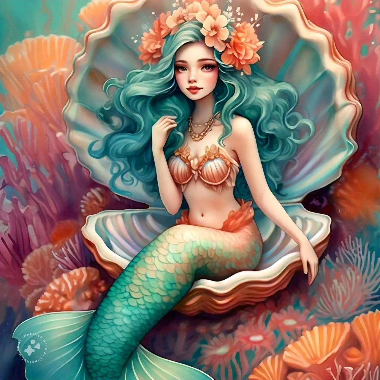 Digital illustration of a mermaid with long turquoise hair adorned with orange flowers, sitting inside a large seashell surrounded by coral and underwater plants.