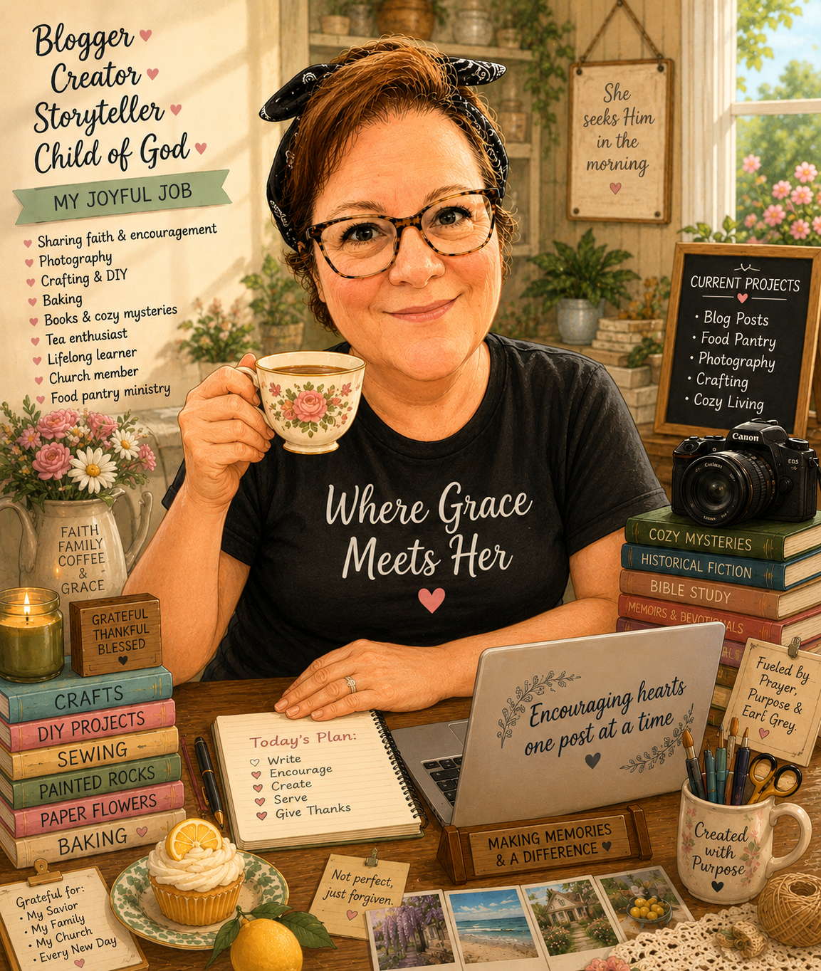 A smiling woman with glasses and a black headscarf sitting at a table with a teacup, surrounded by books, notes, and decorations promoting faith, creativity, and gratitude. She is wearing a black T-shirt that says "Where Grace Meets Her."