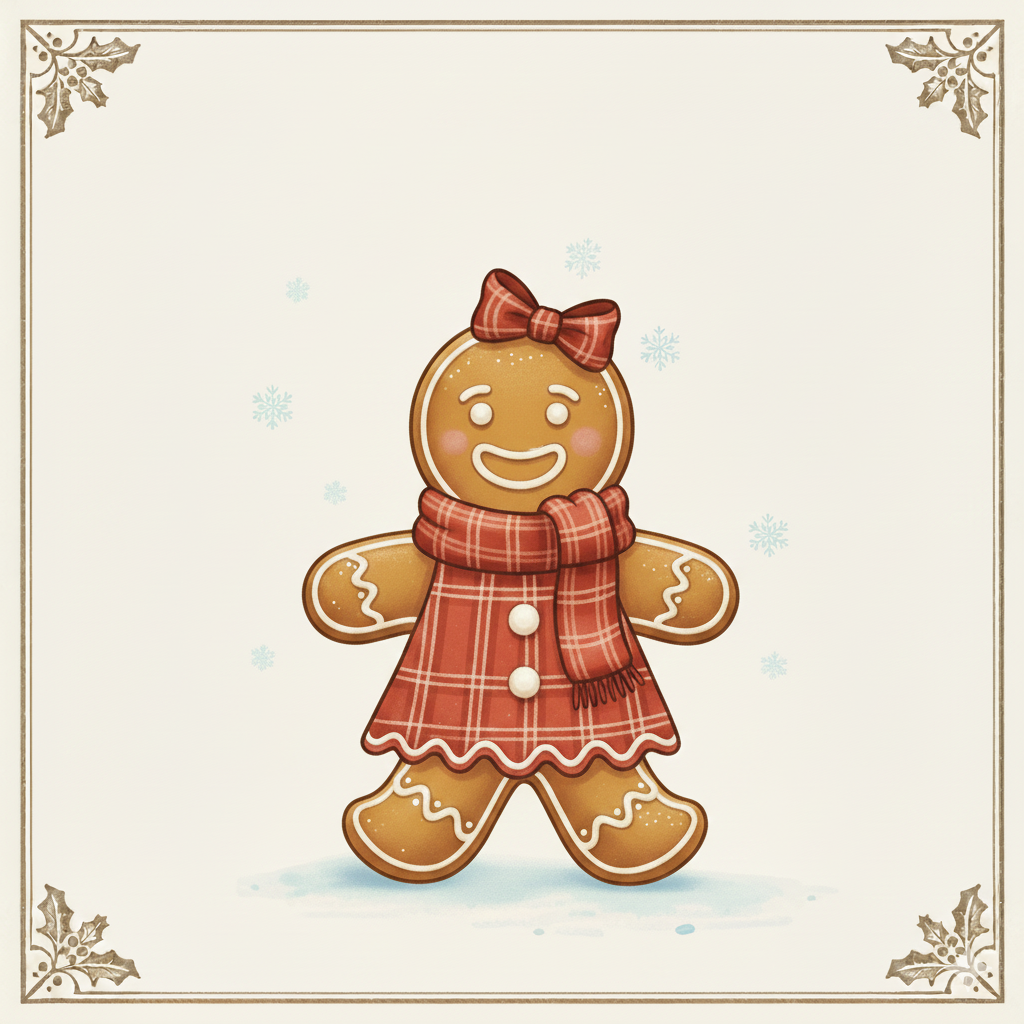 A decorated gingerbread girl cookie wearing a red plaid dress, scarf, and bow, with a smiling face, set against a white background with snowflakes and holly border accents.