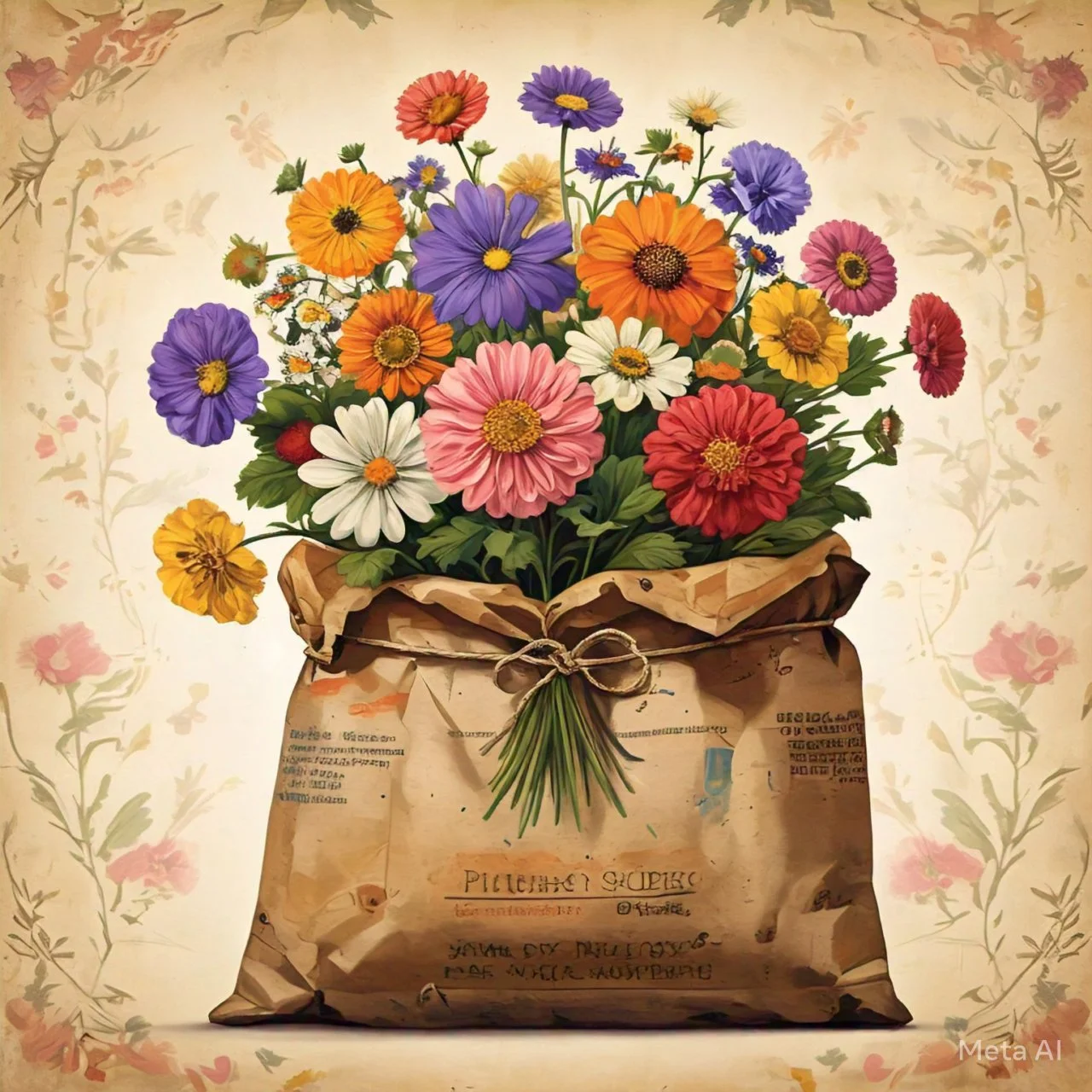 A colorful bouquet of flowers including daisies, zinnias, and cosmos in a brown paper bag tied with string, with floral border background