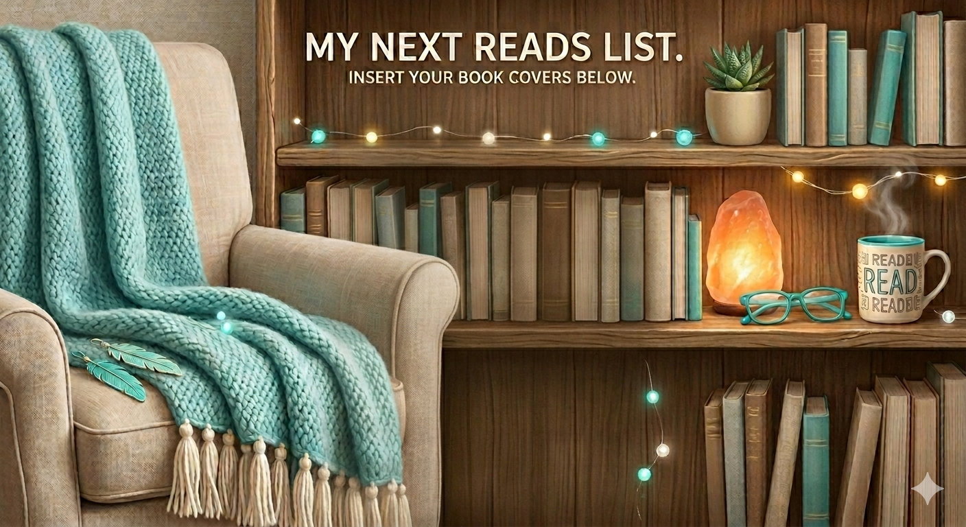 Cozy reading nook with a beige armchair draped with a chunky turquoise knit blanket and two matching feather bookmarks. In the background, a wooden bookshelf with colorful books, a potted succulent, a Himalayan salt lamp, a mug with the word 'READ' o