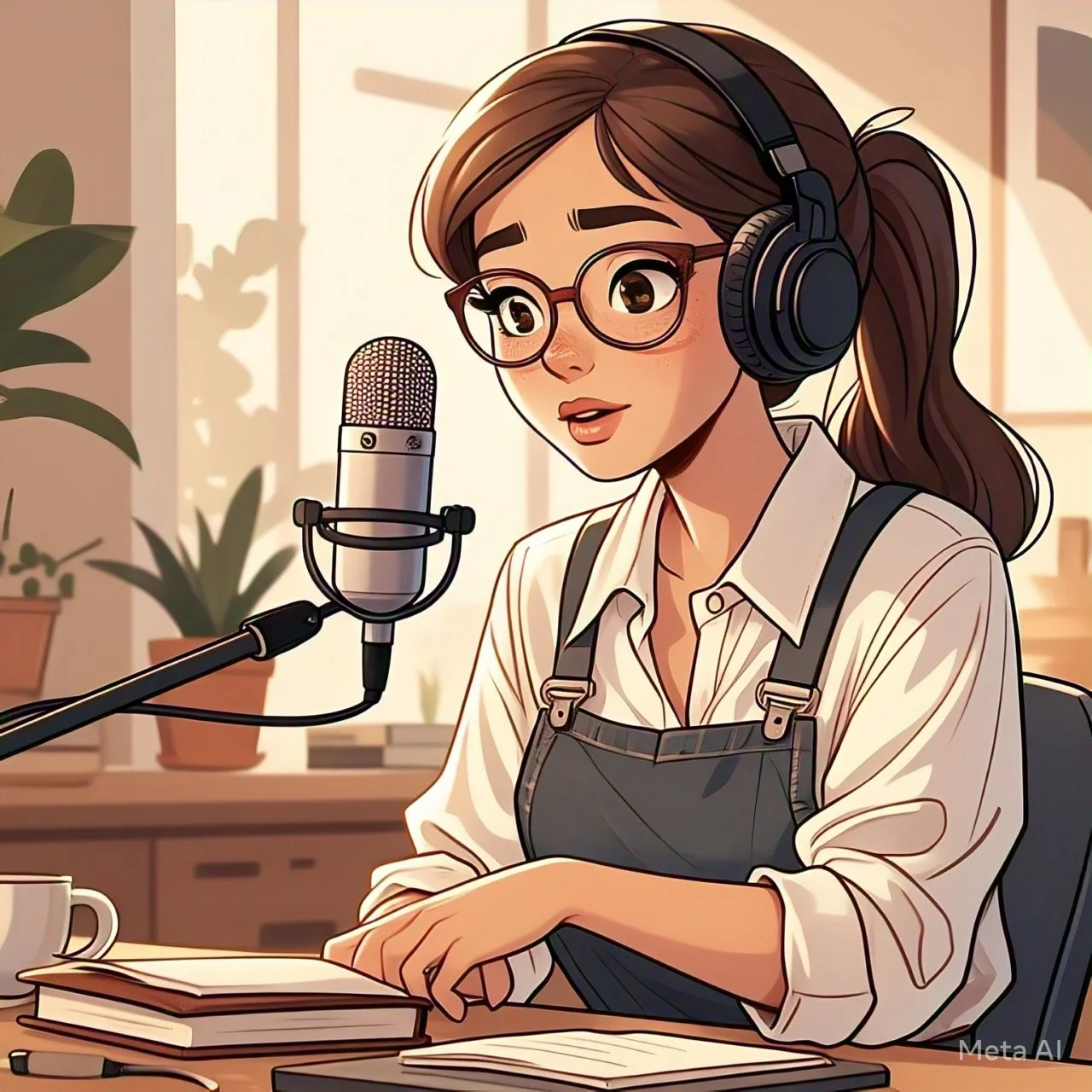 An animated woman with glasses and a ponytail wearing headphones, sitting at a desk with books and a mug, speaking into a microphone in a bright room with plants.