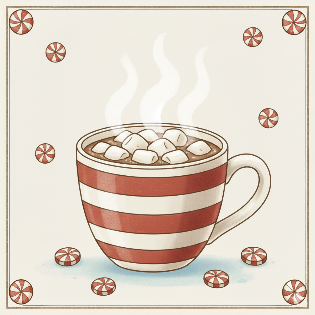 A steaming mug of hot chocolate topped with marshmallows, decorated with red and white stripes, surrounded by peppermint candies.