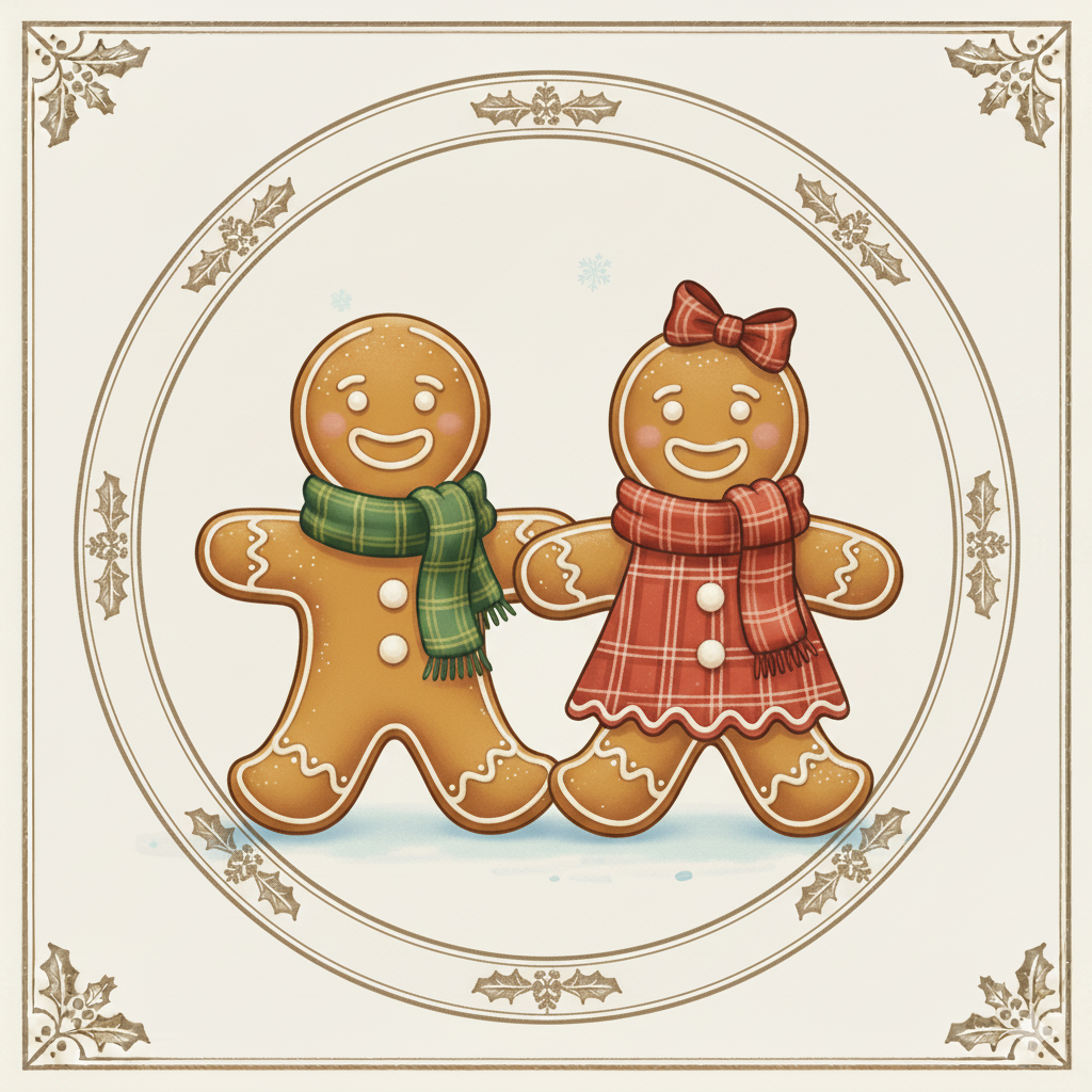 Two decorated gingerbread cookies, a boy with a green scarf and a girl with a red bow and dress, holding hands, surrounded by a holiday-themed border with holly leaves and snowflakes.